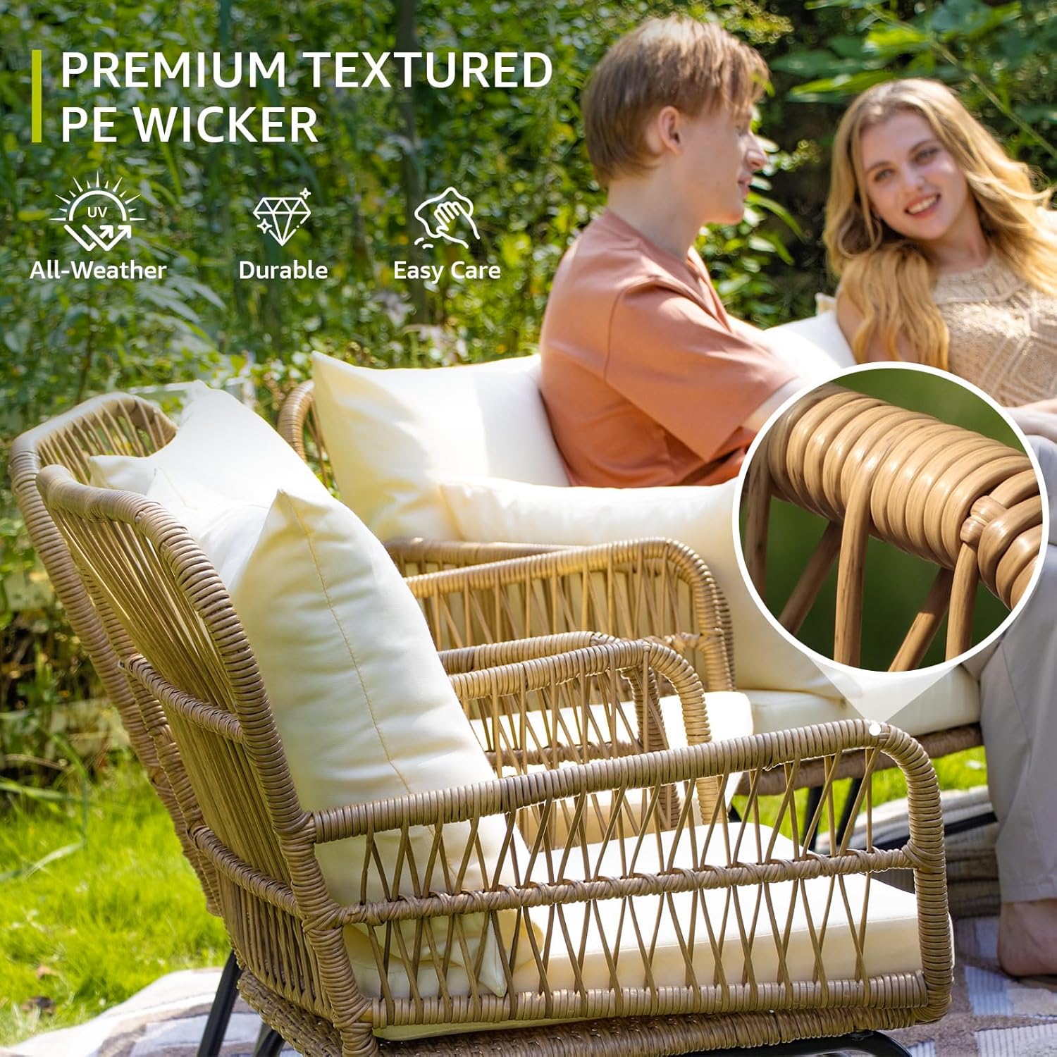 6 Pcs Boho Outdoor Patio Furniture Sets, L Shaped Natural Color Wicker Conversation Sectional Sofa w/Cozy Beige Cushion & Ice Bucket