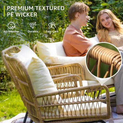 6 Pcs Boho Outdoor Patio Furniture Sets, L Shaped Natural Color Wicker Conversation Sectional Sofa w/Cozy Beige Cushion & Ice Bucket