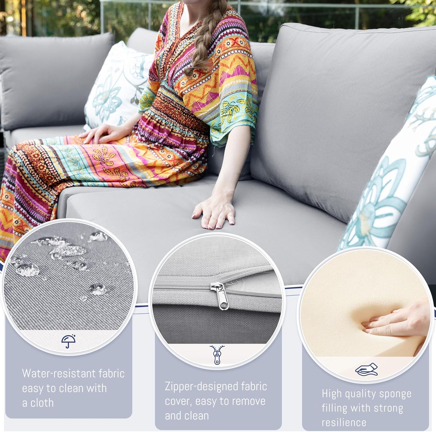 9 Pieces High back Wicker Patio Furniture Set with Firepit, High Weight Capacity Outdoor Sectional Couch Sofa 8-Seater Modular