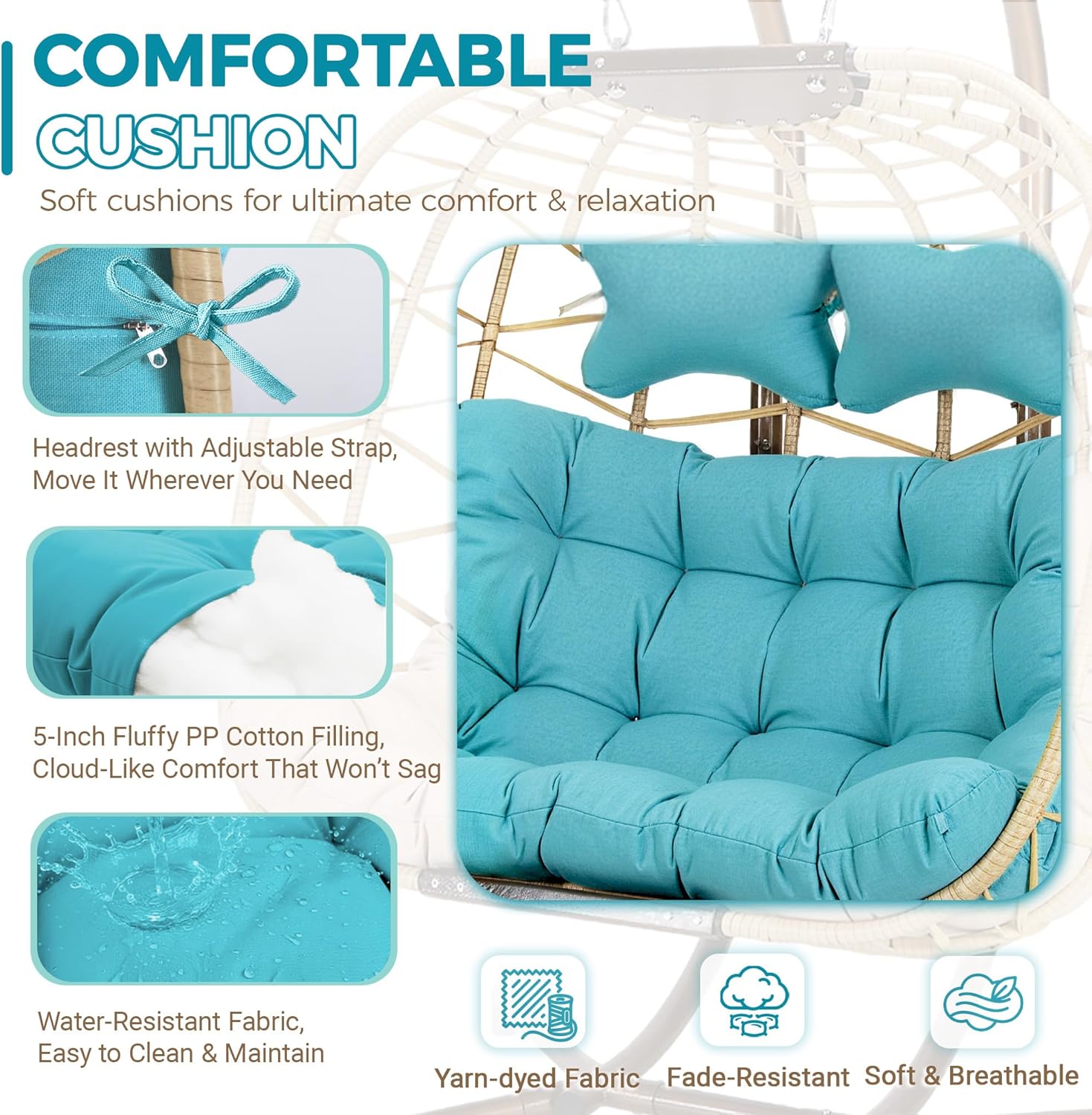 Double Egg Chair with Stand Indoor Outdoor 2 Person Large Wicker Hanging Swing Chair Oversized Twins Patio Loveseat 2 Seat Beige Rattan Light Green Cushions with Cover