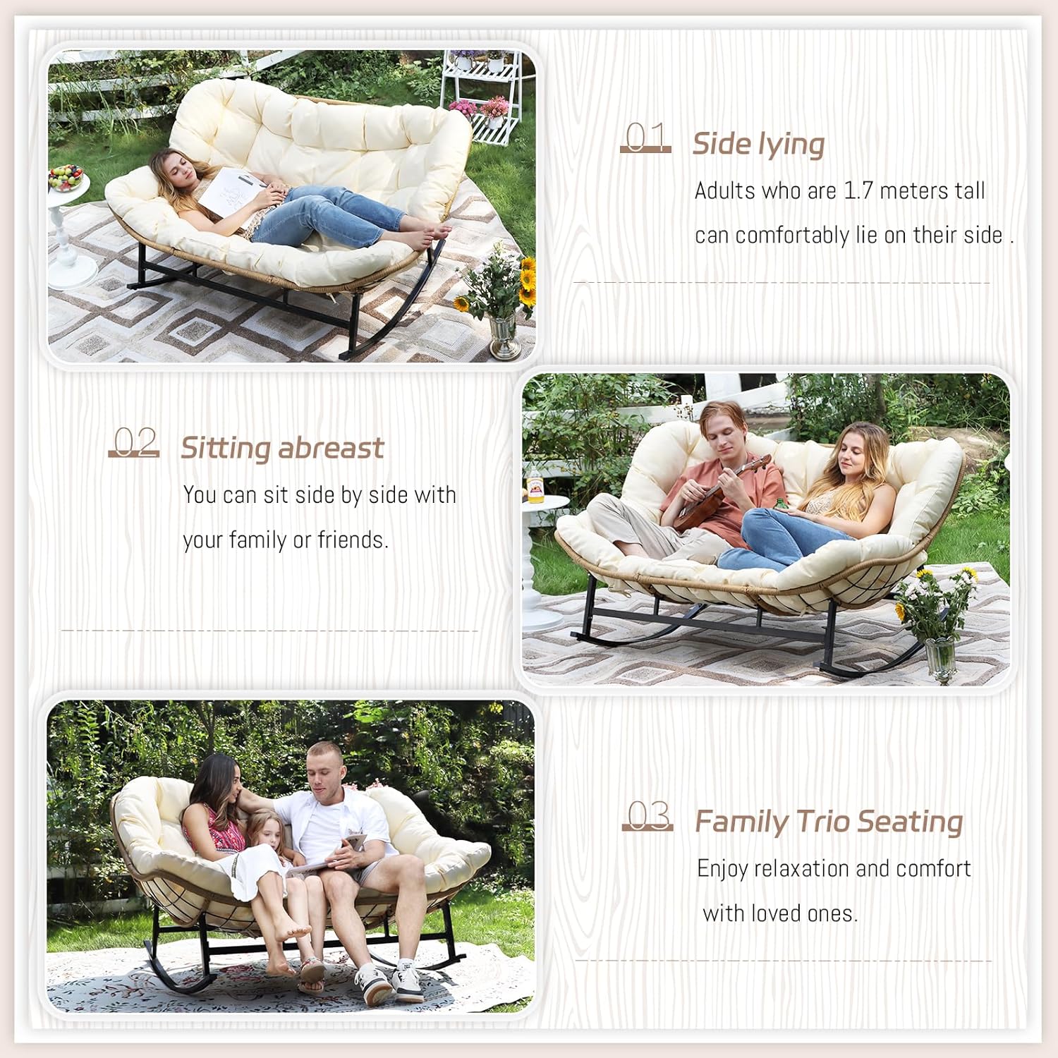 Double Wide Papasan Rocking Chair with Cushion, Oversized Rattan Rocking Egg Chair Outdoor for 2, Extra Large 700 lbs. Heavy Duty Royal Patio Lounge Loveseat