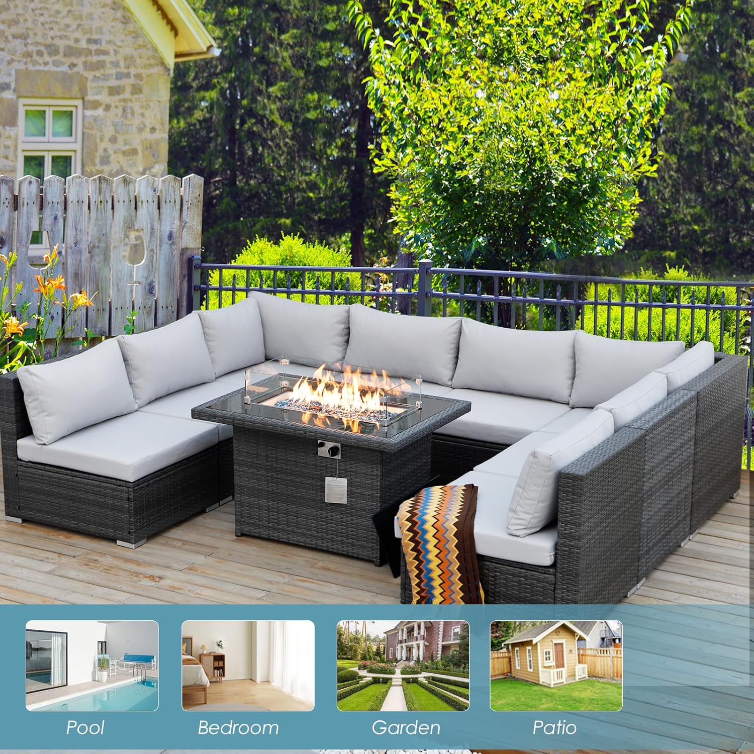 9 Pieces High back Wicker Patio Furniture Set with Firepit, High Weight Capacity Outdoor Sectional Couch Sofa 8-Seater Modular