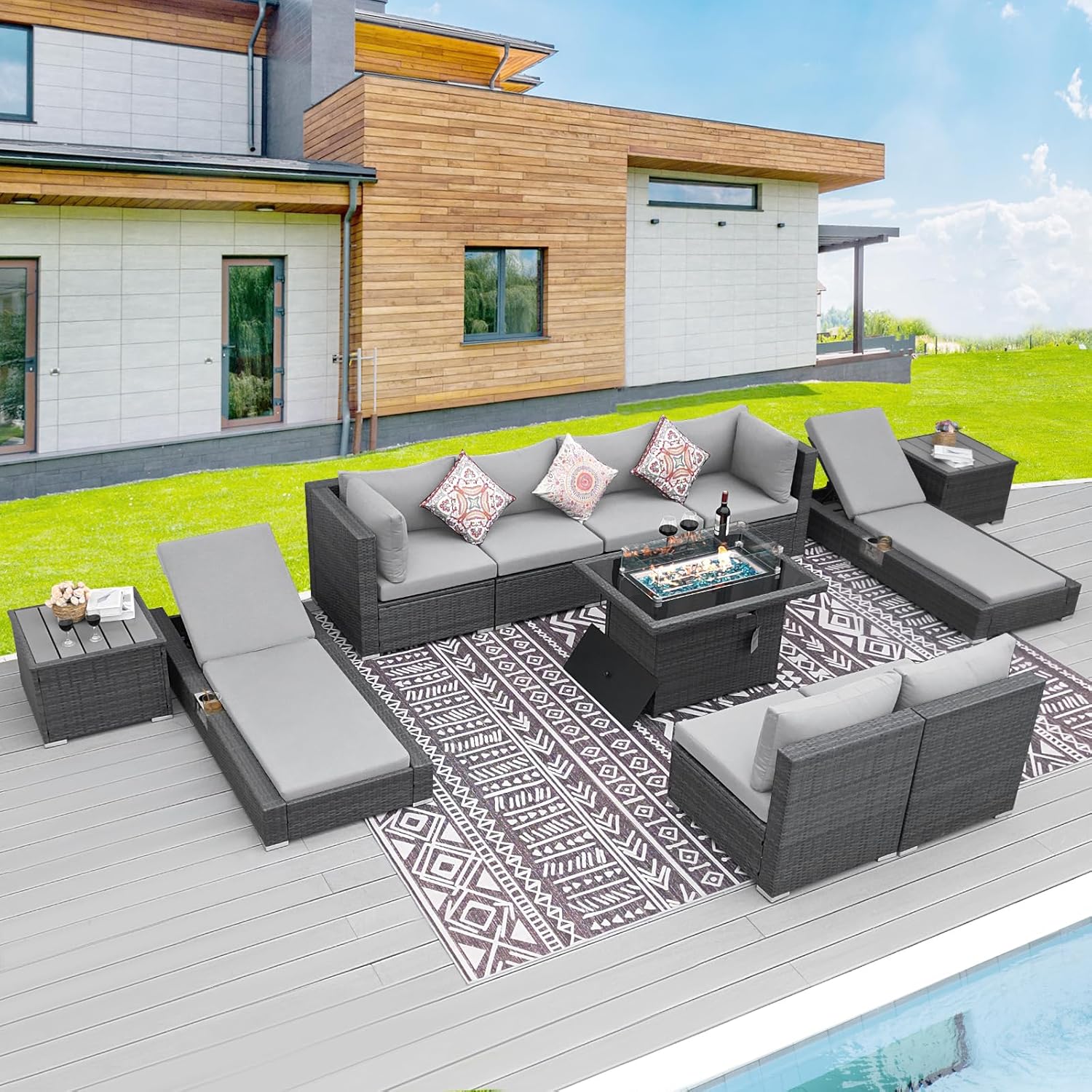 11 Piece Large High Back Outdoor Patio Furniture Sets with Firepit and Loungers, Cozy Extra Deep Wide Seating Sectional Conversation Couch Backyard Sitting Sets