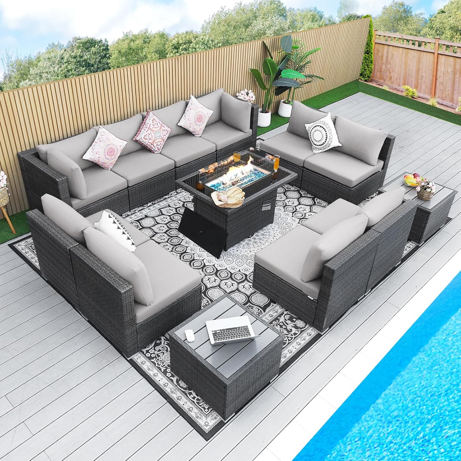13 Piece High Back Grey Rattan Patio Set with Propane/Gas Firepit Table, Modern Extra Large Outdoor Furniture Wide Deep Seating Set