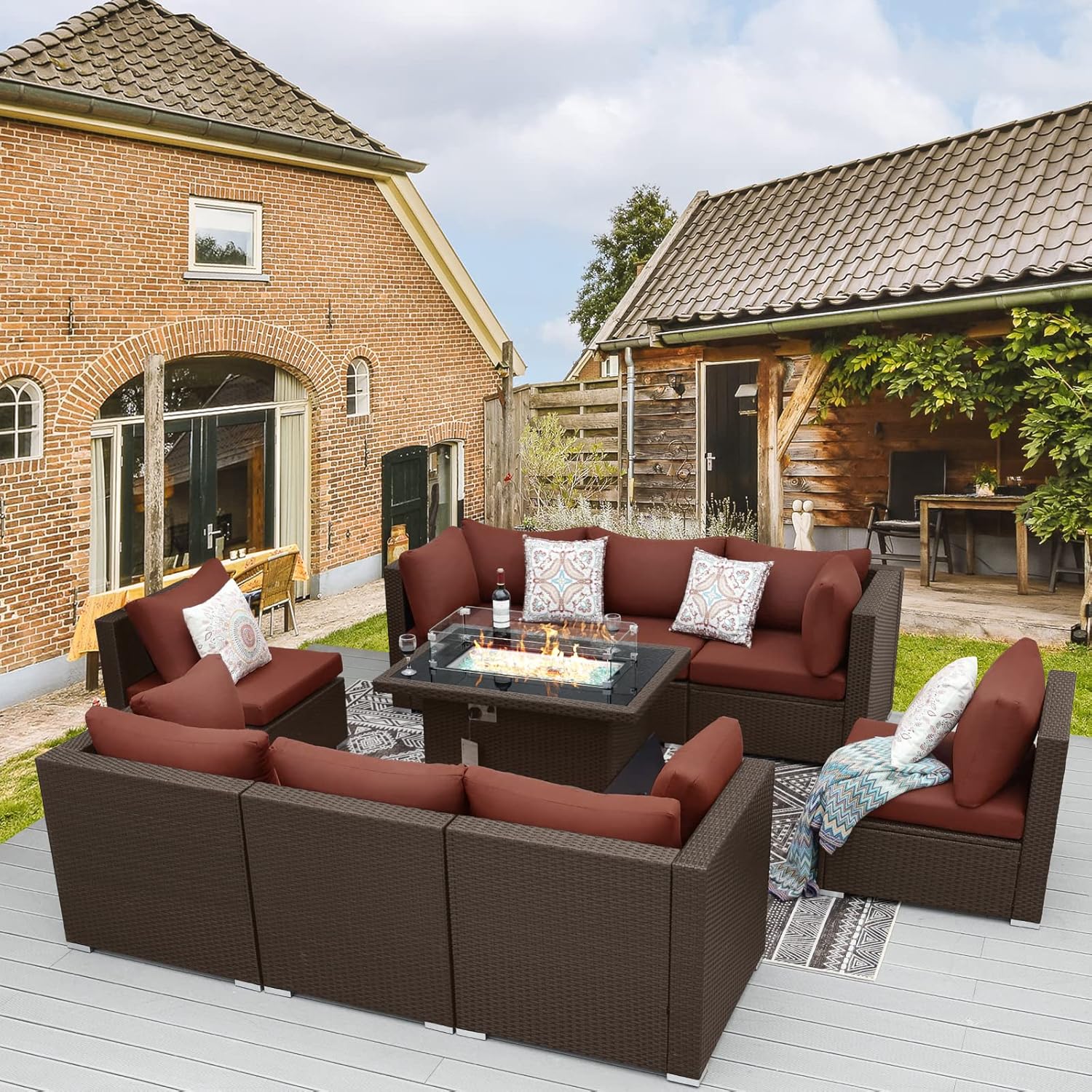 9 Pcs High Back Outdoor Sectional Set with Firepit Table, Modern Luxury Patio Furniture Seating Set, Oversized Wide Deep Modular 8-Seater Couch Sofa for Backyard