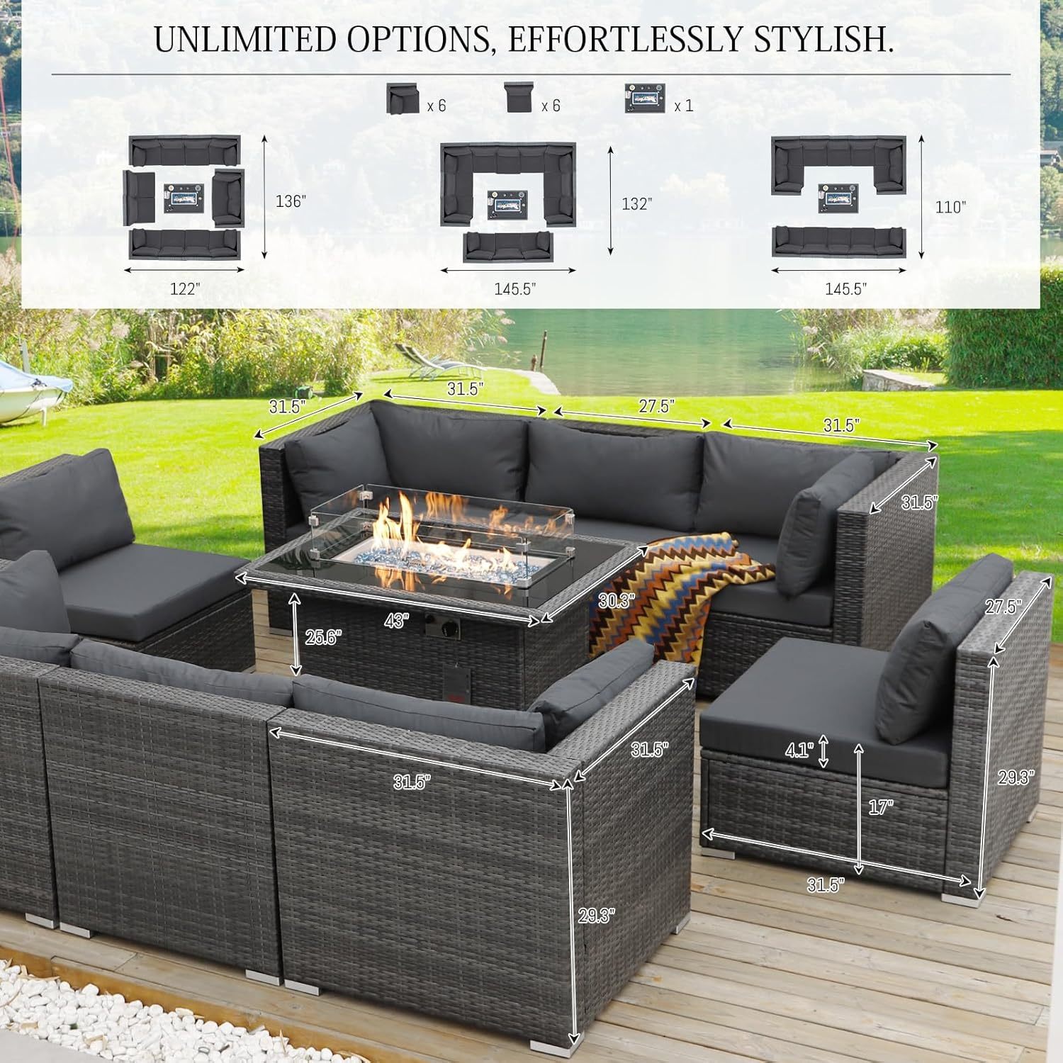 13 Piece High Back Patio Furniture Sets with Firepit, Luxury Outdoor Seating Sectional Couch 12-Person Modular