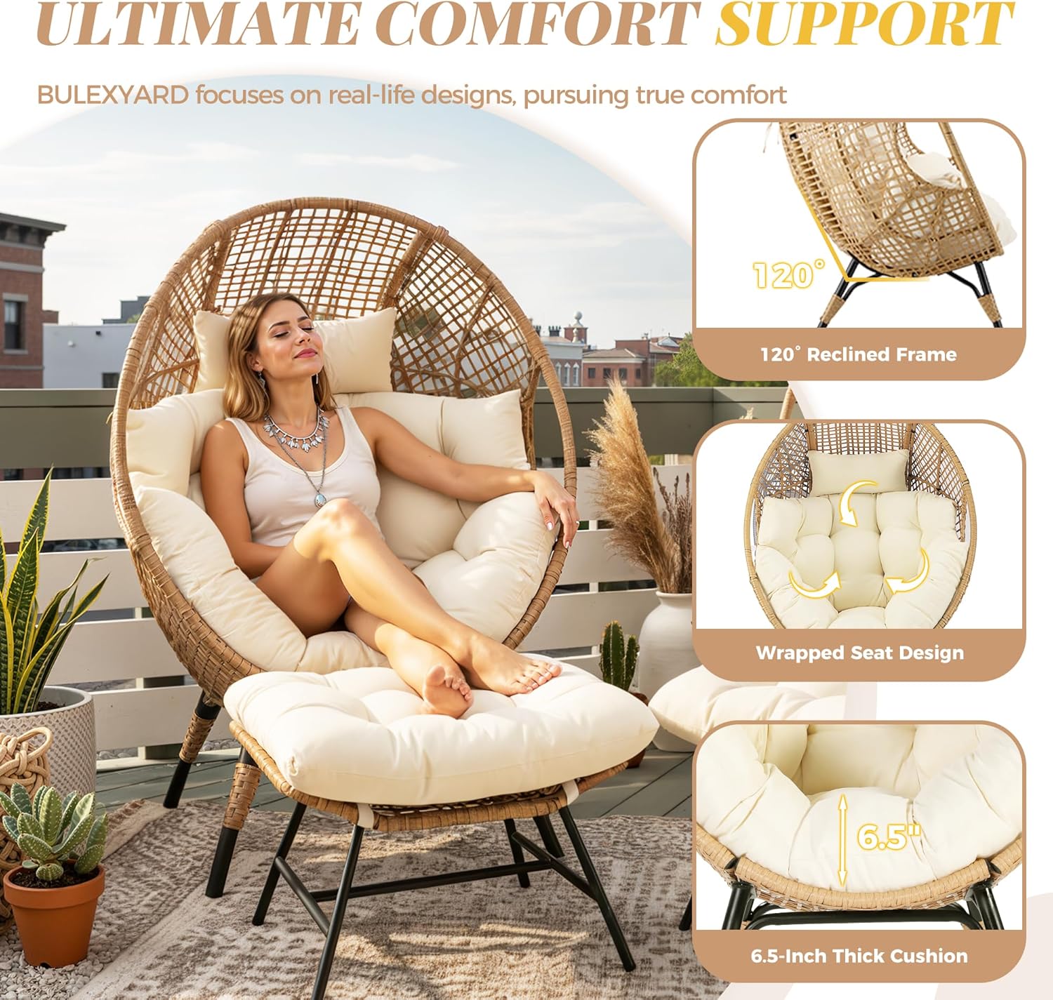 Oversized Indoor Outdoor Egg Chair with Ottoman, Brown Wicker Patio Deep Egg Seat with Beige Thick Cushion & Foot Rest, Large Stationary Lounge Chair for Balcony Bedroom