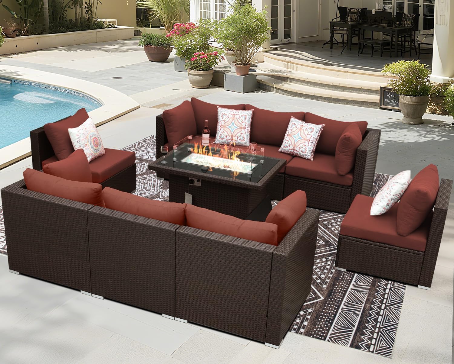 9 Pcs High Back Outdoor Sectional Set with Firepit Table, Modern Luxury Patio Furniture Seating Set, Oversized Wide Deep Modular 8-Seater Couch Sofa for Backyard