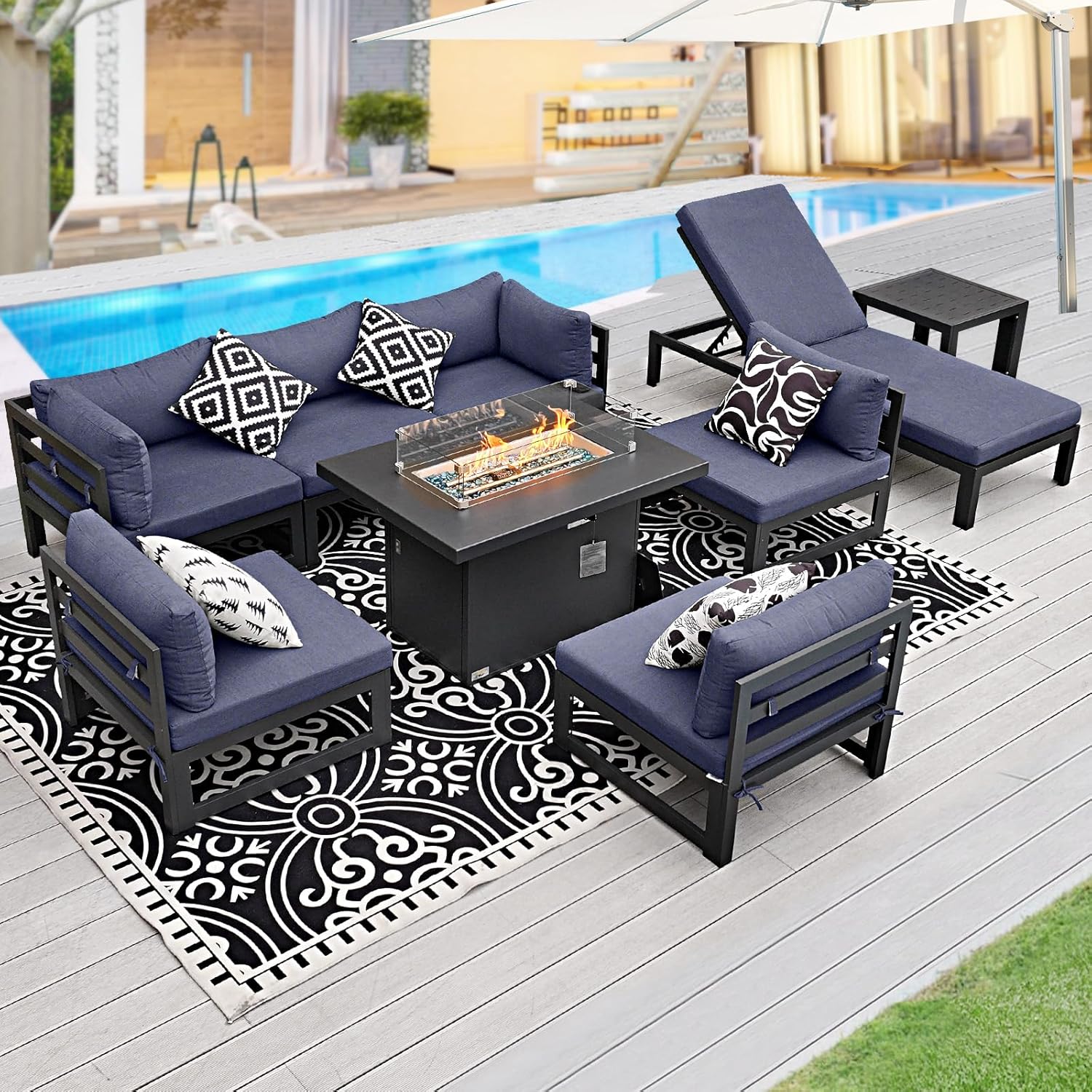 9 Piece Extra Large Luxurious Aluminum Outdoor Sectional Seating with Sun Lounger, All Weather Modular Patio Furniture Set, 500 lbs Heavy Duty Conversation Sofa