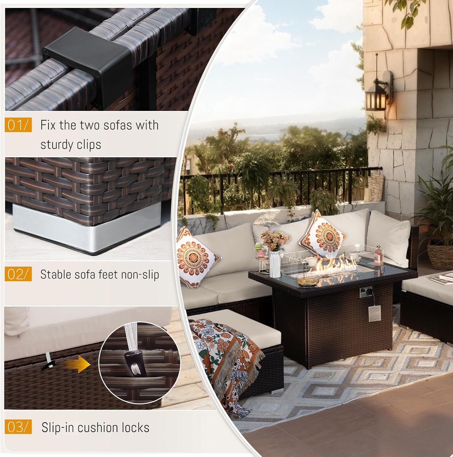 15 Piece Highback Wicker Patio Furniture Sets with Firepit, All-Weather Heavy Duty Outdoor Conversation Set Modular, Extra Deep Wide 14-Seats Sectional Couch Sofa for Backyard