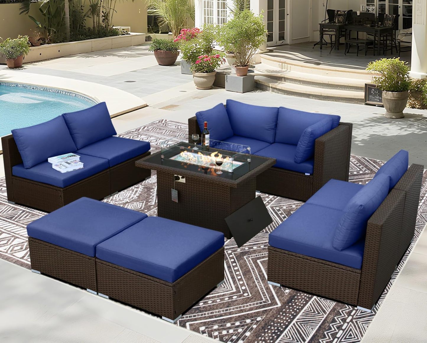 9 Piece Highback Patio Furniture Set with Fire Pit Table, Modern Modular Outdoor Sectional Couch Sofa with Ottoman, XL 8-Person Backyard Seating for Outside