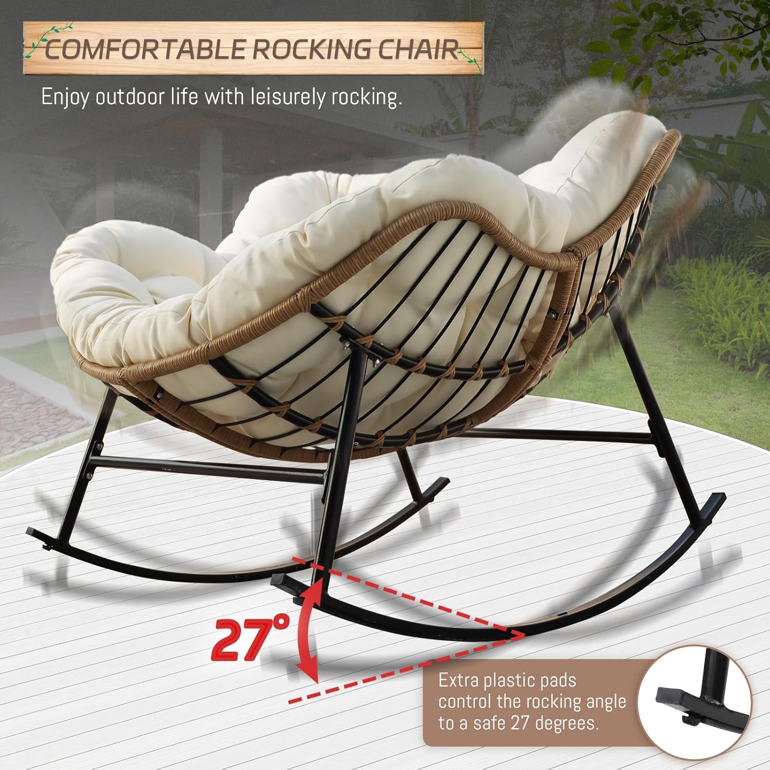 2 PCS Rocking Egg Chair Indoor Outdoor, Wicker Rattan Rocking Papasan Chairs with Thick Cushion, 450 Lbs Extra Wide Patio Rocker, Outdoor Furniture for Balcony