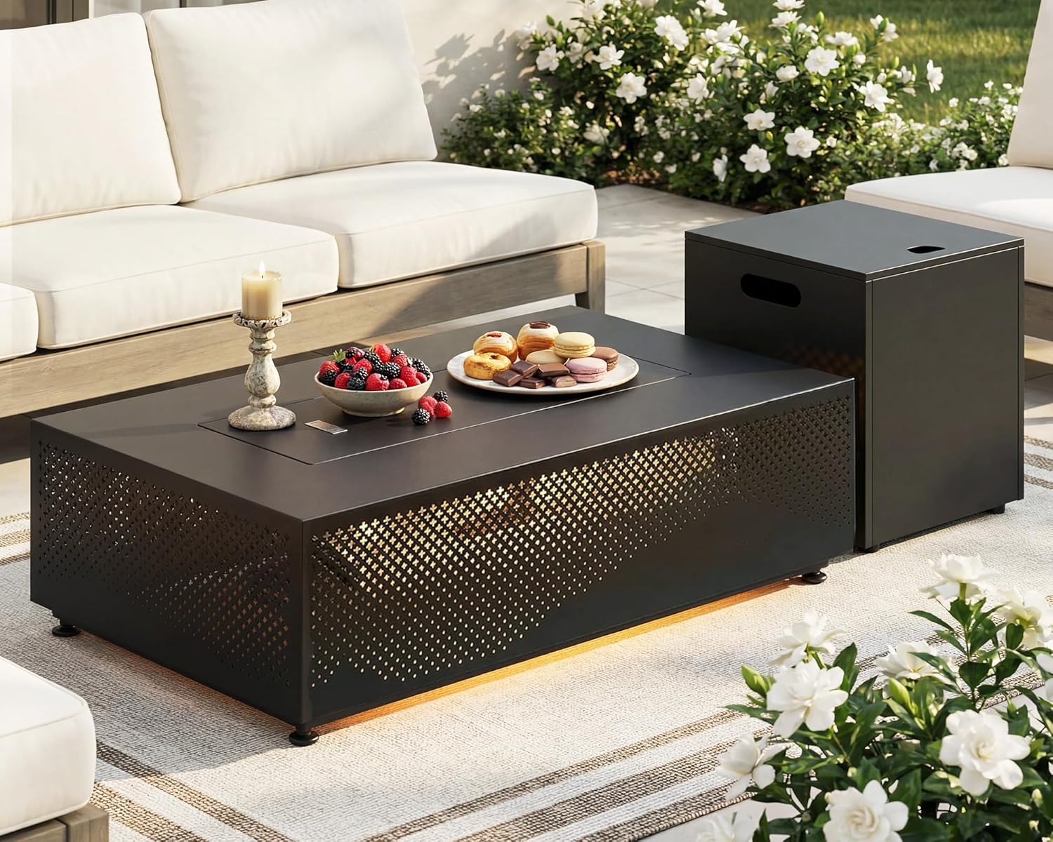 Large Rectangle Outdoor Patio Propane Gas Fire Pit Table Set with Tank Table, 50,000 BTU 42" Fireplace Table with Wind Guard, Removable Lid, Glass Beads, Rain Cover