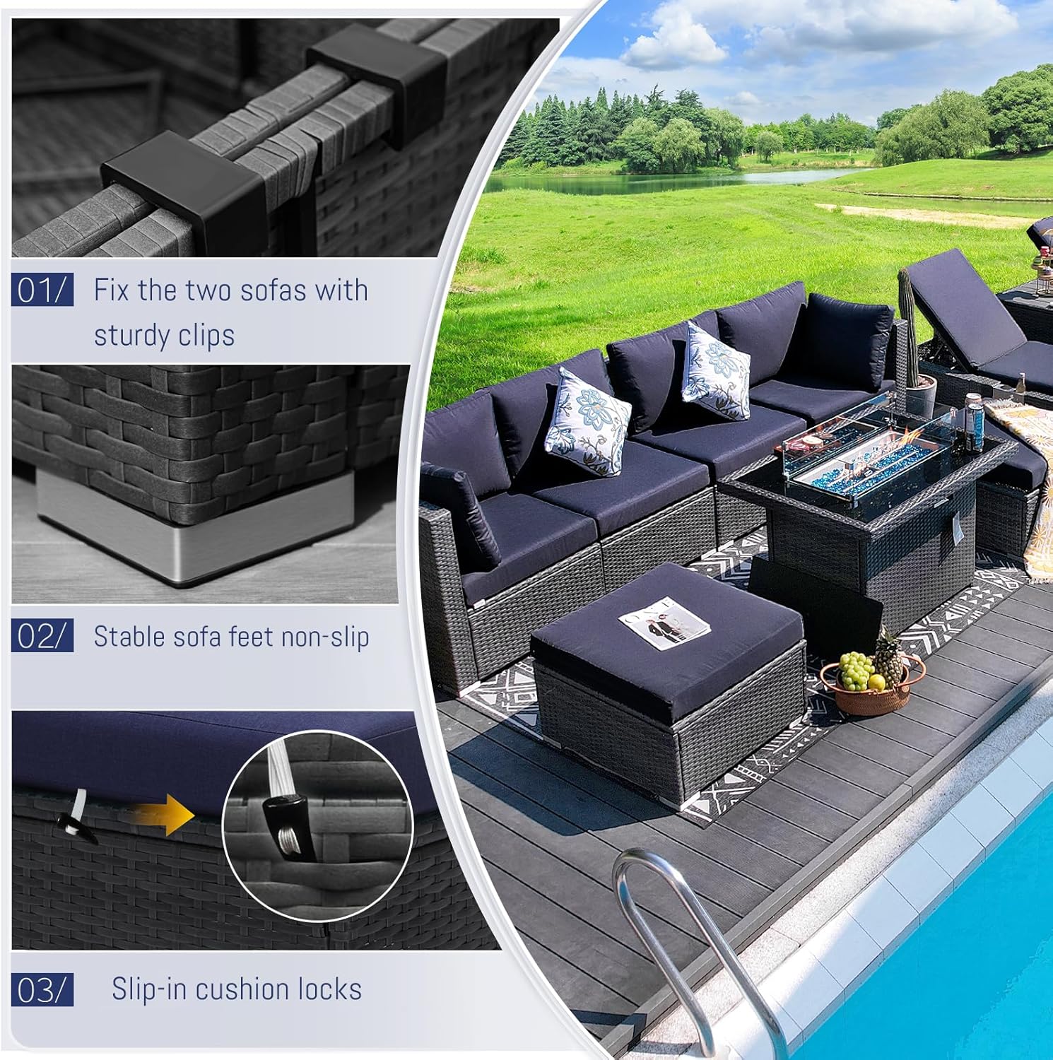7 Piece High Back Outdoor Sectional Set with Fire Pit Table, Wicker Patio Furniture Set Weather-Resistant
