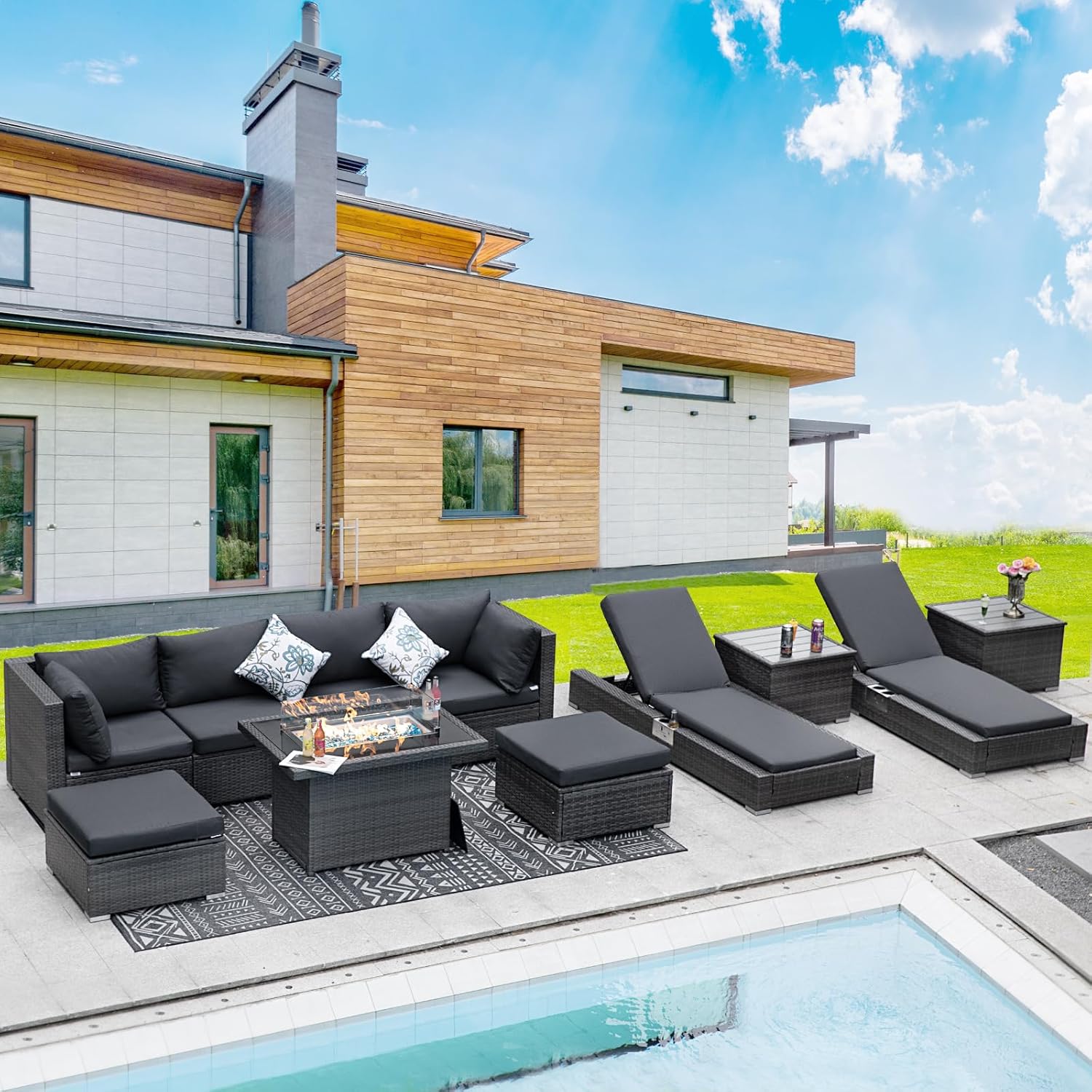 11 Piece Large High Back Grey Rattan Patio Furniture Sets with Firepit and Loungers, Comfortable Deep Wide Seat Outdoor Sectional Conversation Couch Sofa Modualr