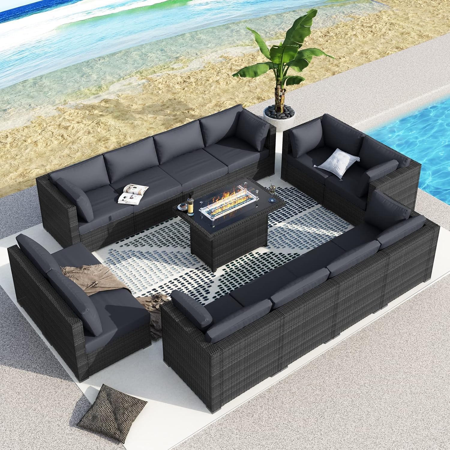 13 Piece High Back Patio Furniture Sets with Firepit, Luxury Outdoor Seating Sectional Couch 12-Person Modular