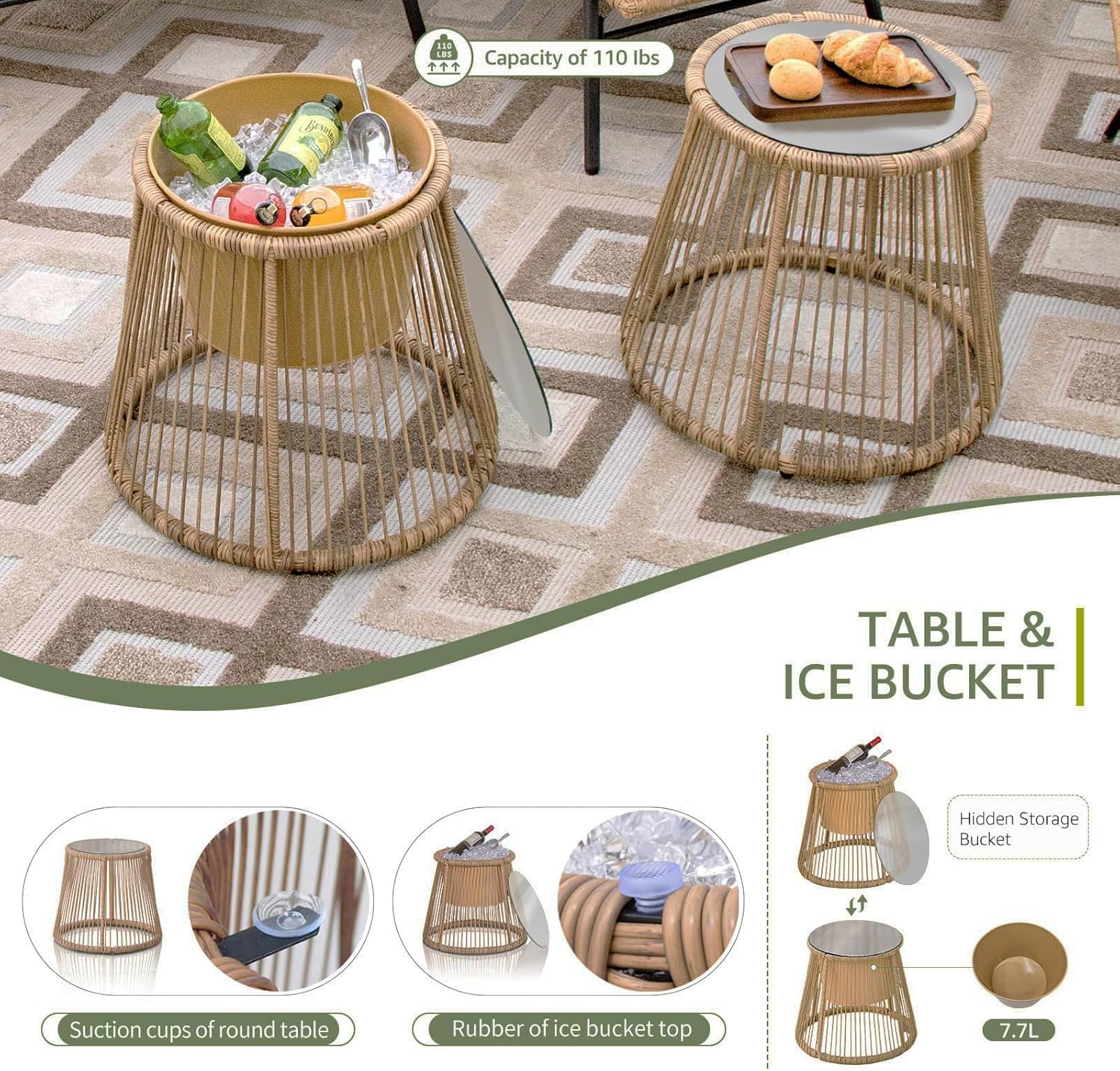 6 Pcs Boho Outdoor Patio Furniture Sets, L Shaped Natural Color Wicker Conversation Sectional Sofa w/Cozy Beige Cushion & Ice Bucket