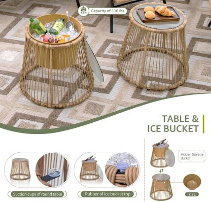 6 Pcs Boho Outdoor Patio Furniture Sets, L Shaped Natural Color Wicker Conversation Sectional Sofa w/Cozy Beige Cushion & Ice Bucket
