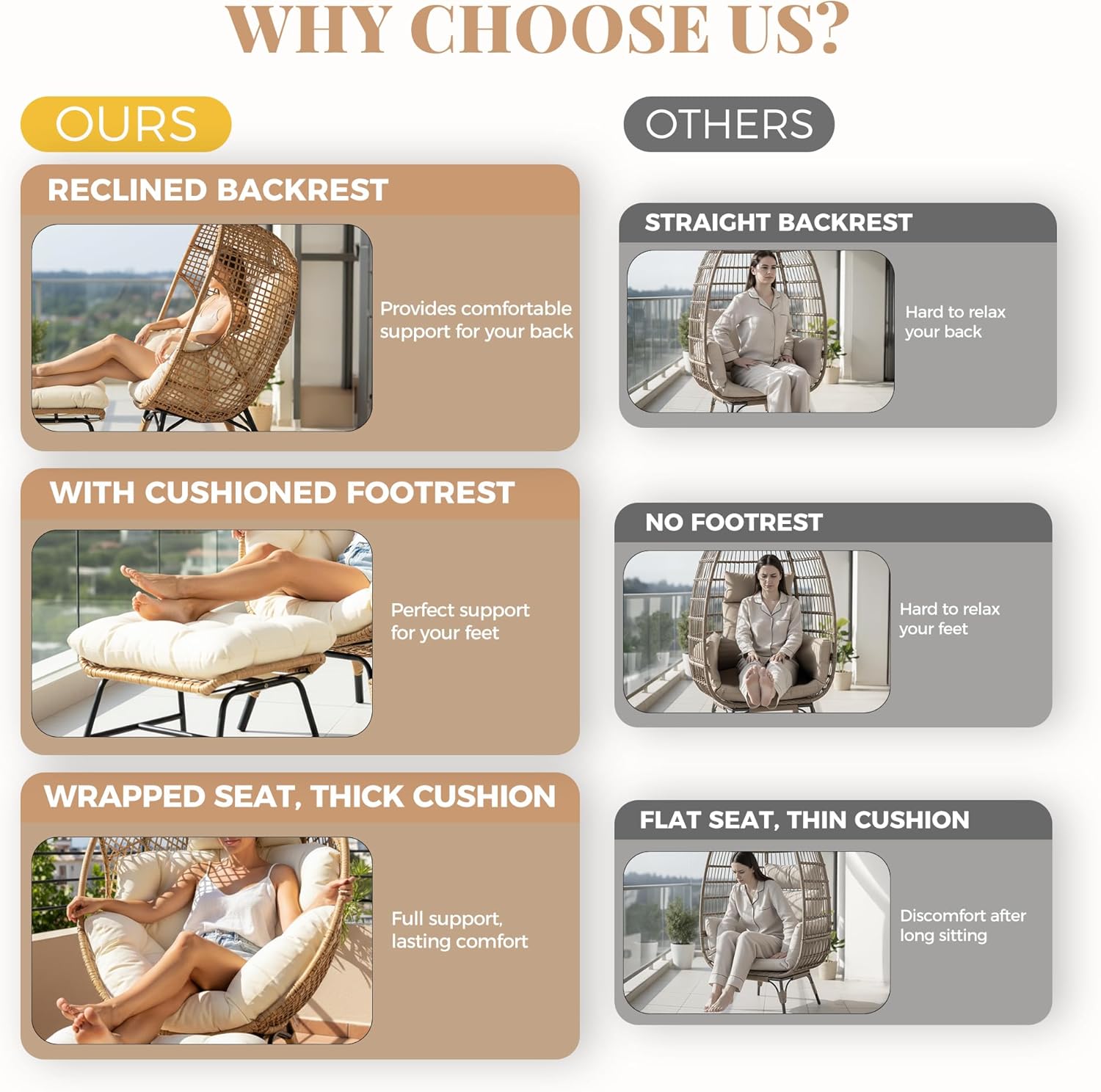 Oversized Indoor Outdoor Egg Chair with Ottoman, Brown Wicker Patio Deep Egg Seat with Beige Thick Cushion & Foot Rest, Large Stationary Lounge Chair for Balcony Bedroom