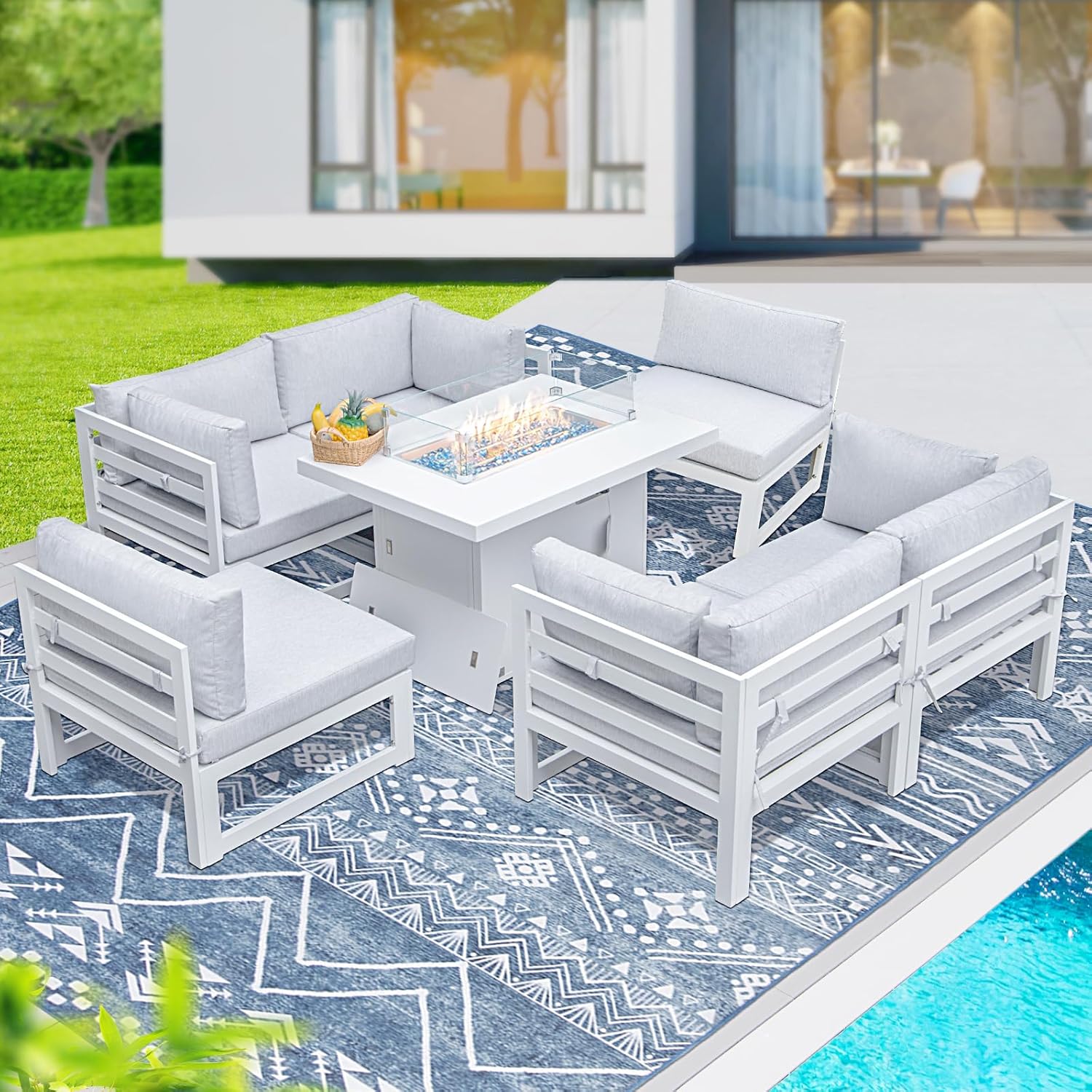 6 Seat Oversized Modern Aluminum Patio Furniture Set, All Weather Rust Proof Modular Sectional Sofa with Fire Pit Table