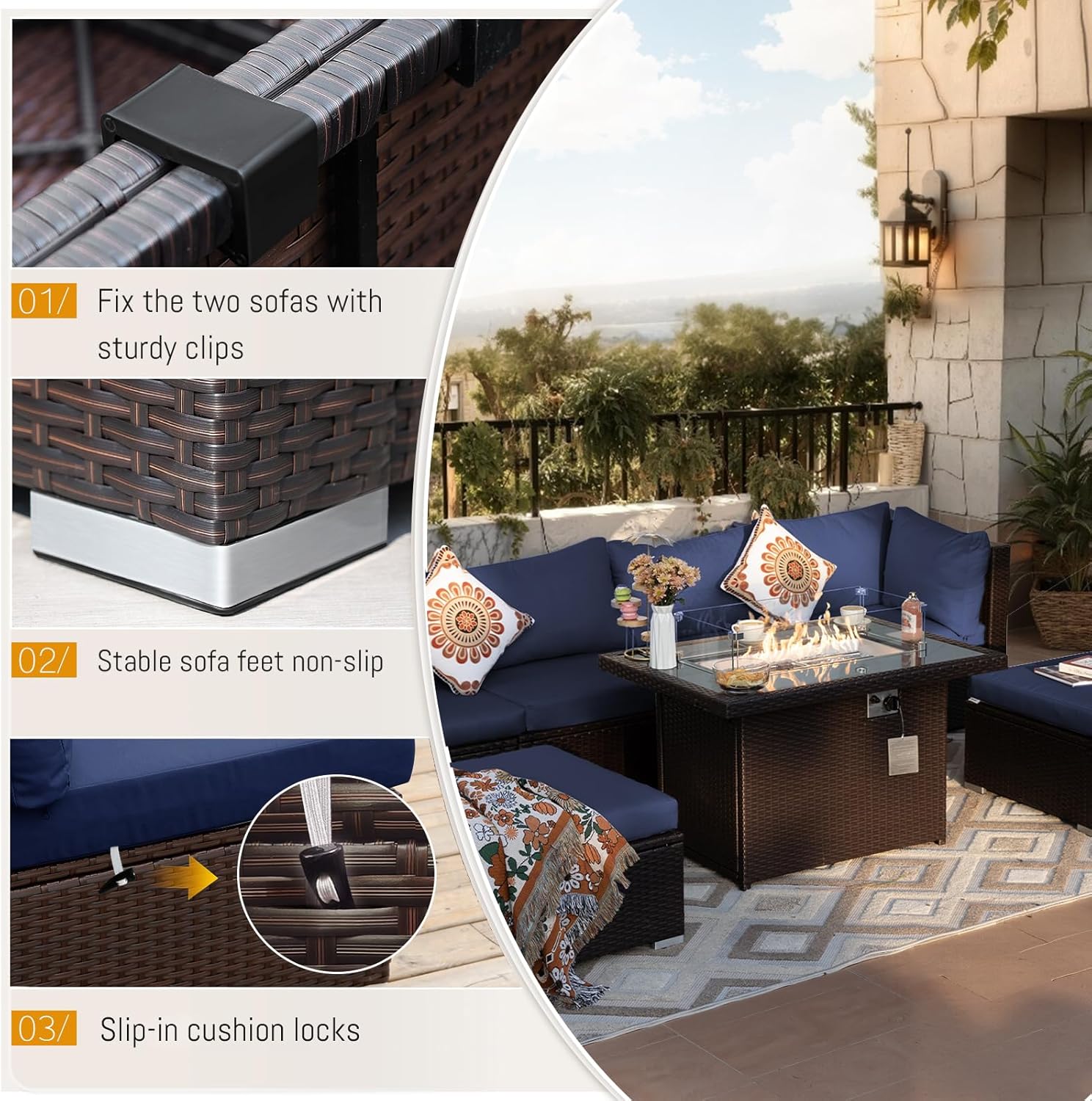 9 Piece Highback Patio Furniture Set with Fire Pit Table, Modern Modular Outdoor Sectional Couch Sofa with Ottoman, XL 8-Person Backyard Seating for Outside