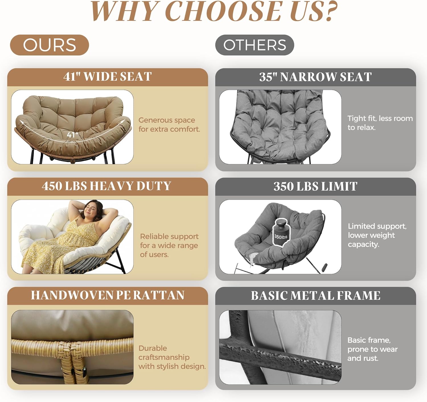 Outdoor Papasan Rocking Chair with Cushion and Frame, Oversized Large Patio Lounge Chairs, Rattan Comfy Egg Recliner Chair, 450 Lbs Capacity Glider Rocker