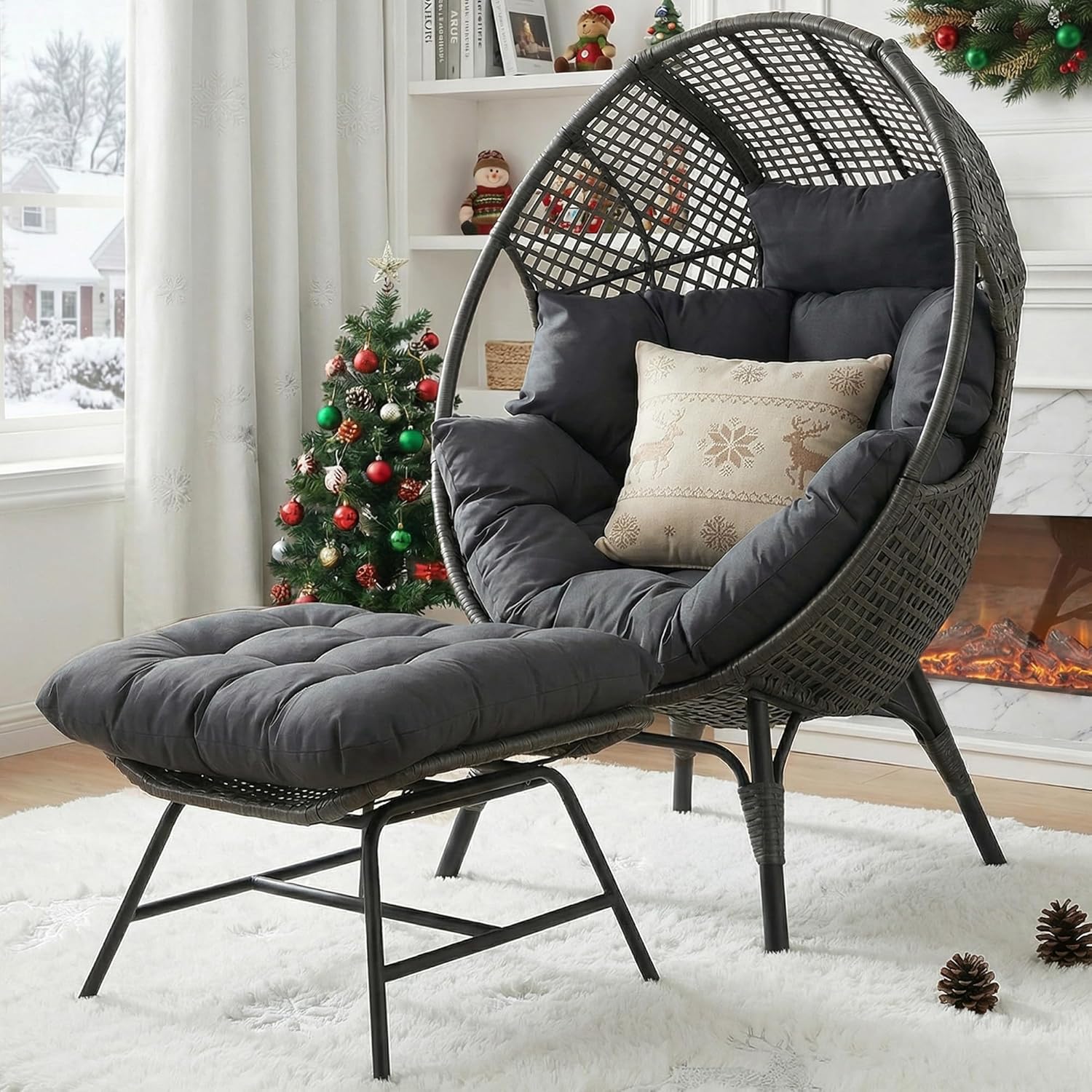 Oversized Indoor Outdoor Egg Chair with Ottoman, Brown Wicker Patio Deep Egg Seat with Beige Thick Cushion & Foot Rest, Large Stationary Lounge Chair for Balcony Bedroom