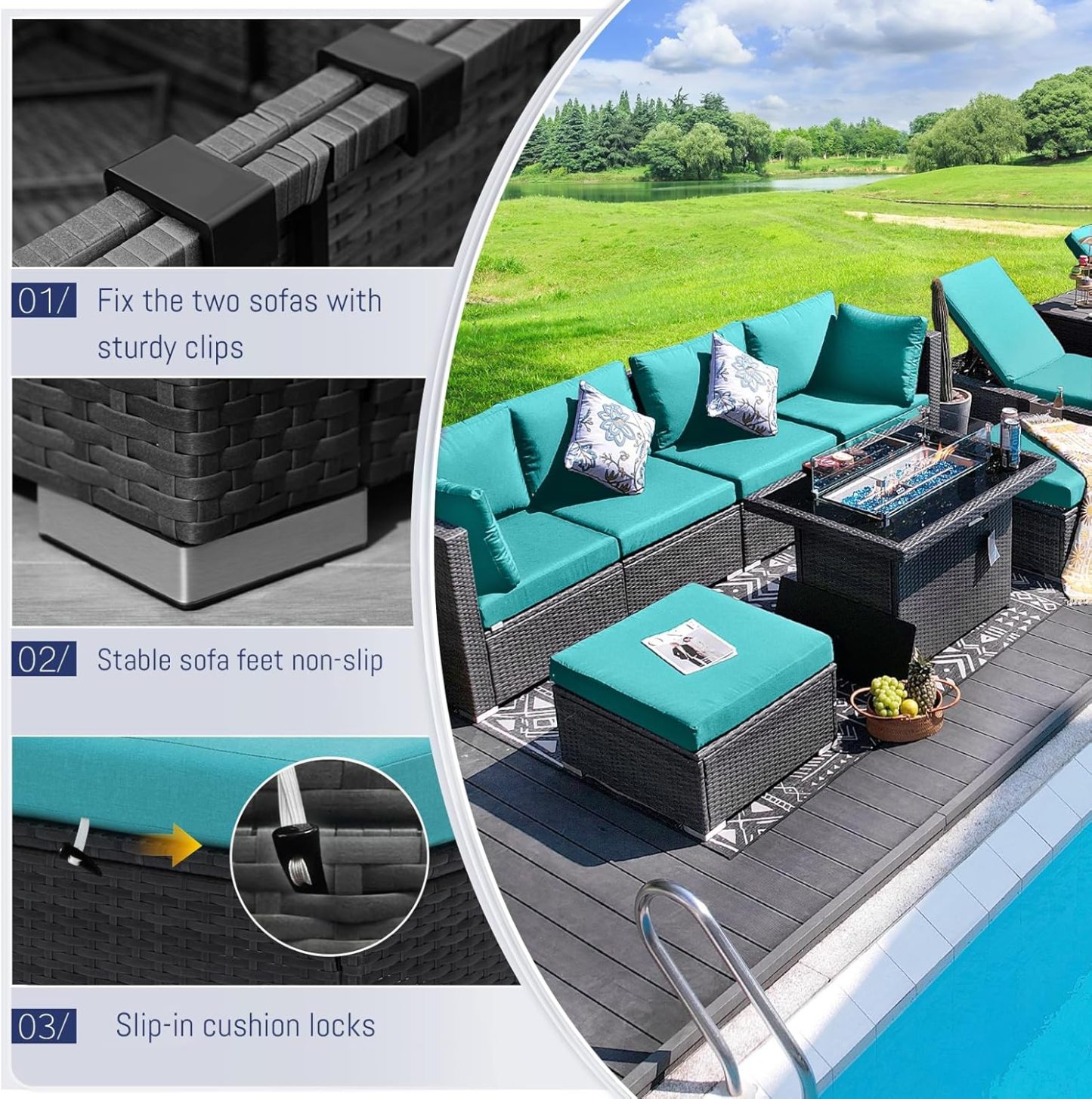 11 Piece Large High Back Grey Rattan Patio Furniture Sets with Firepit and Loungers, Comfortable Deep Wide Seat Outdoor Sectional Conversation Couch Sofa Modualr