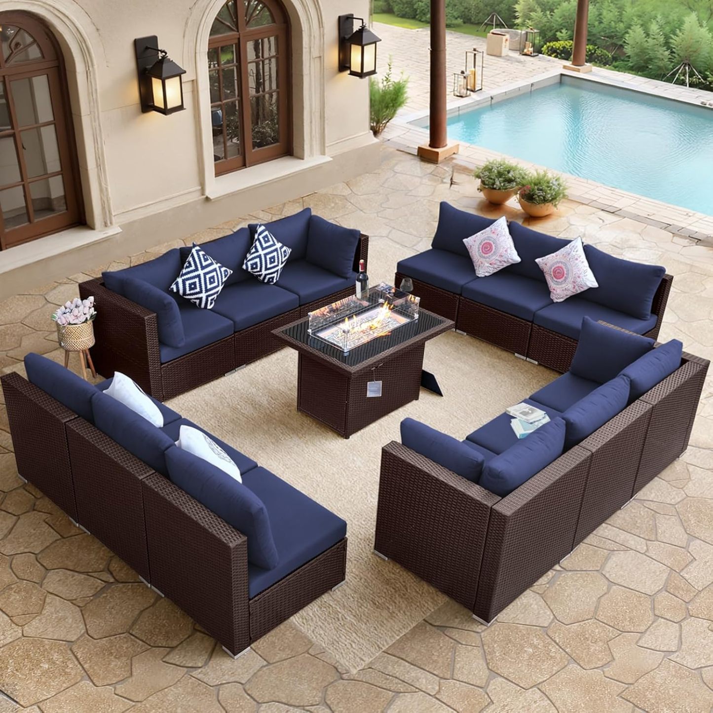 13 Piece High Back Wicker Patio Furniture Sets with Fire Pit, Elegant Oversized Outdoor Seating Set Modular, Comfy Extra Deep Wide 12-Person Sectional Couch Sofa for Backyard