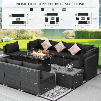 13 Piece High Back Grey Rattan Patio Set with Propane/Gas Firepit Table, Modern Extra Large Outdoor Furniture Wide Deep Seating Set