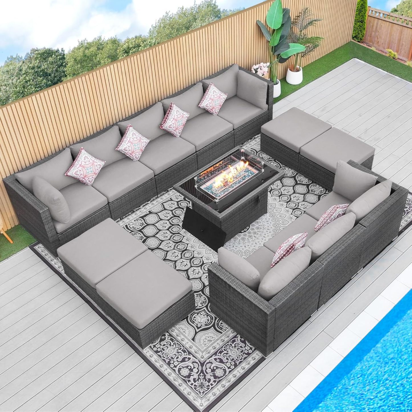 13 Piece High Back Large Outdoor Sectional Sets with Firepit, Extra Wide Deep Seat Patio Sets Modular, All-Weather High Weight Capacity Backyard Sitting Sets