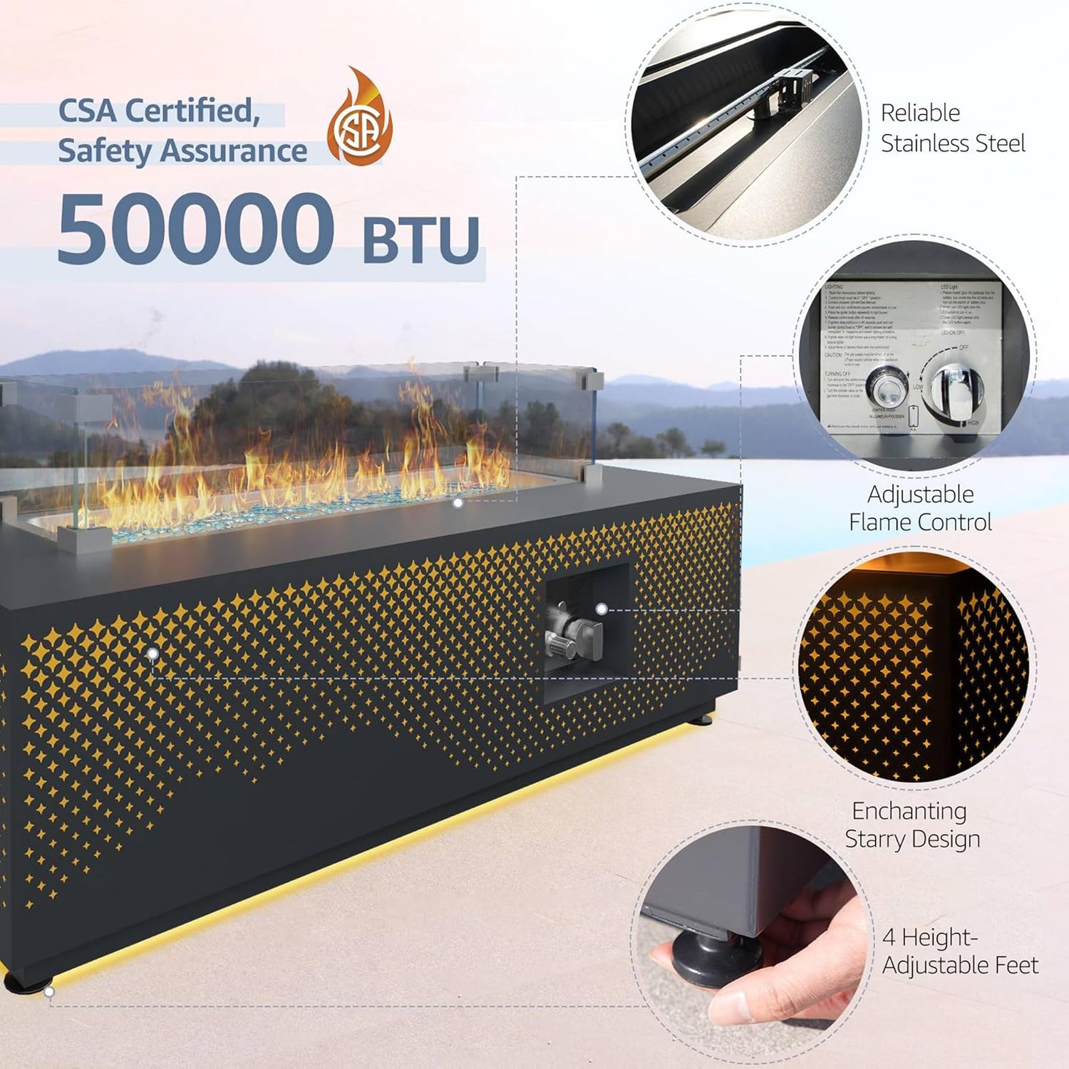 Large Rectangle Outdoor Patio Propane Gas Fire Pit Table Set with Tank Table, 50,000 BTU 42" Fireplace Table with Wind Guard, Removable Lid, Glass Beads, Rain Cover