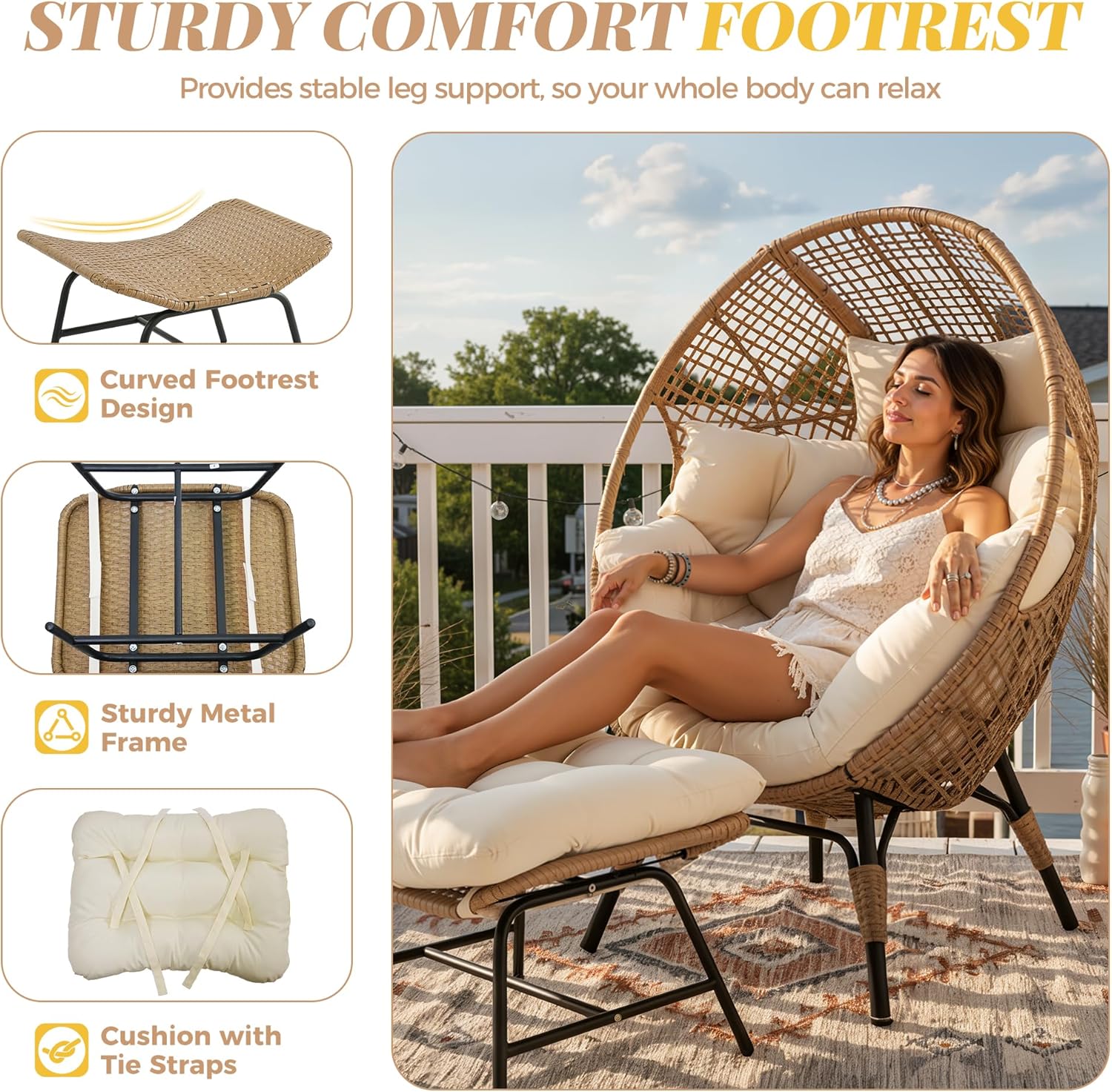 Oversized Indoor Outdoor Egg Chair with Ottoman, Brown Wicker Patio Deep Egg Seat with Beige Thick Cushion & Foot Rest, Large Stationary Lounge Chair for Balcony Bedroom