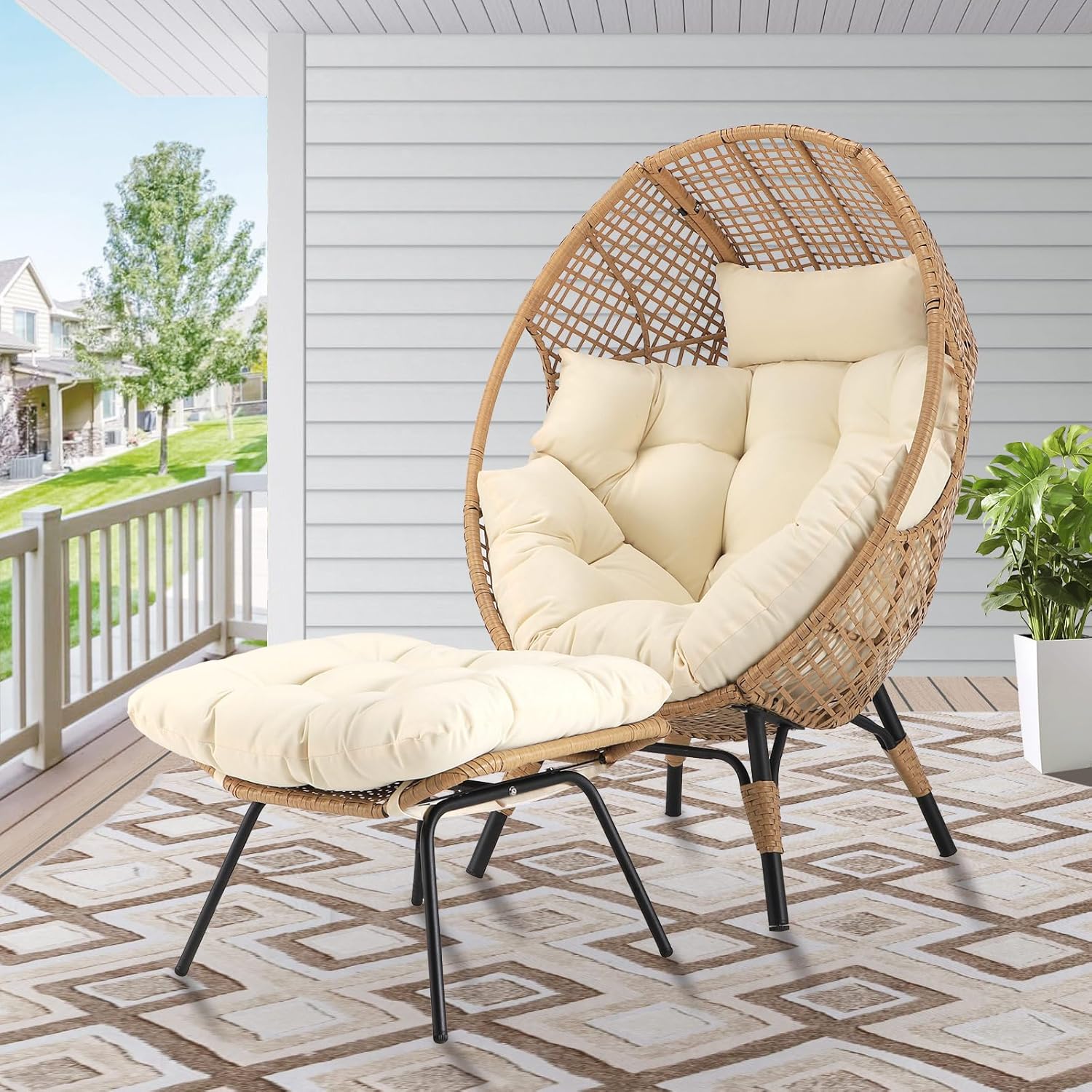Oversized Indoor Outdoor Egg Chair with Ottoman, Brown Wicker Patio Deep Egg Seat with Beige Thick Cushion & Foot Rest, Large Stationary Lounge Chair for Balcony Bedroom