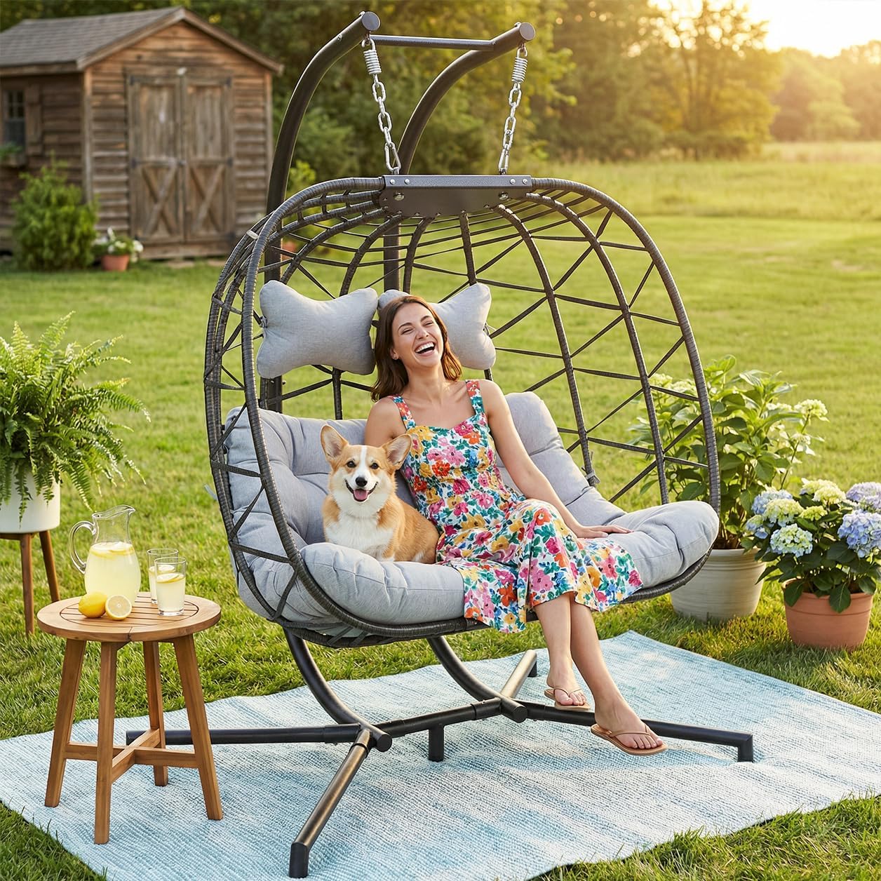 Double Egg Chair with Stand Indoor Outdoor 2 Person Large Wicker Hanging Swing Chair Oversized Twins Patio Loveseat 2 Seat Beige Rattan Light Green Cushions with Cover