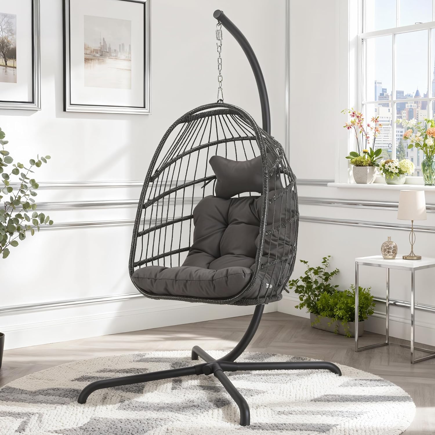 Outdoor Egg Swing Chair with Stand, 350 Lbs Heavy-Duty Rattan Hammock Hanging Wicker Patio Chair with Cushion