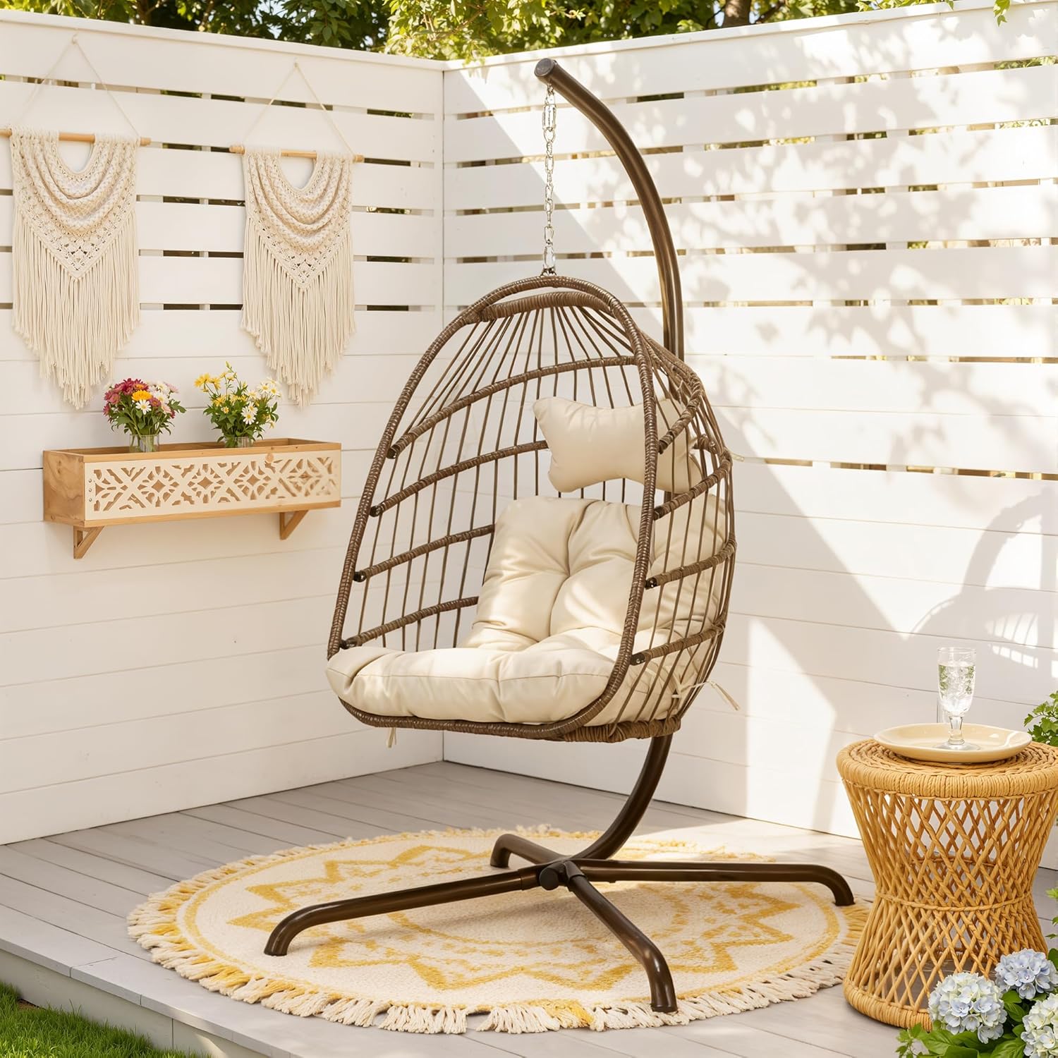 Outdoor Egg Swing Chair with Stand, 350 Lbs Heavy-Duty Rattan Hammock Hanging Wicker Patio Chair with Cushion