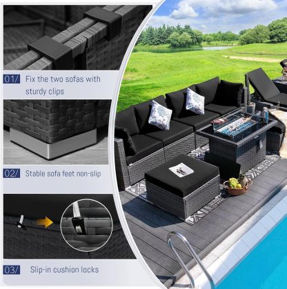 13 Piece High Back Grey Rattan Patio Set with Propane/Gas Firepit Table, Modern Extra Large Outdoor Furniture Wide Deep Seating Set