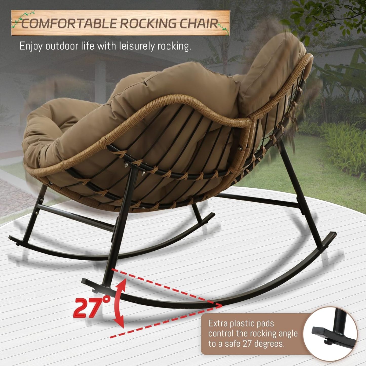4 PCS Rocking Papasan Chair with Ottoman, 2 Person Patio Egg Rocker with Brown Cushion, Double Rocking Chair for Reading/Relaxing, Comfortable Wicker Recliner for Balcony, Porch, Garden