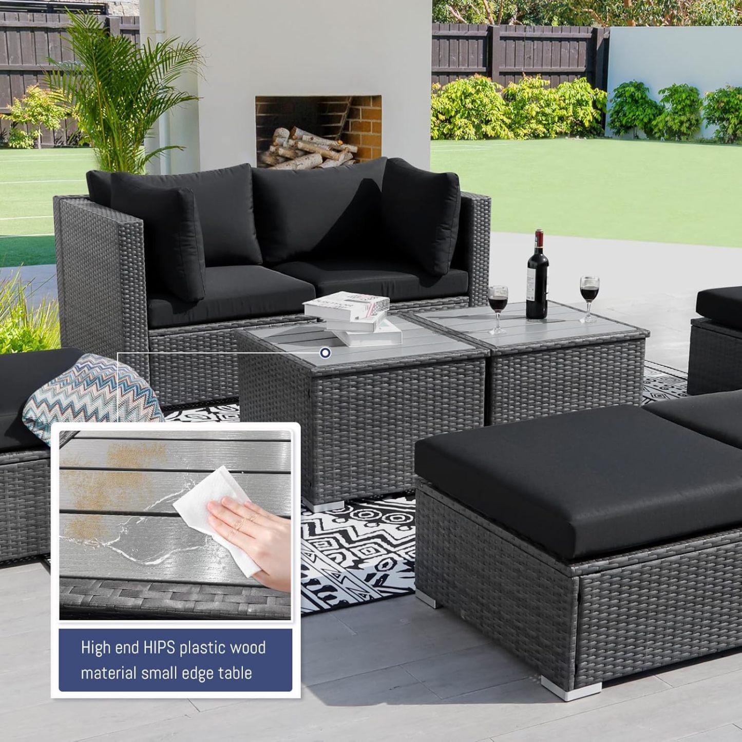 13 Piece High Back Grey Rattan Patio Set with Propane/Gas Firepit Table, Modern Extra Large Outdoor Furniture Wide Deep Seating Set
