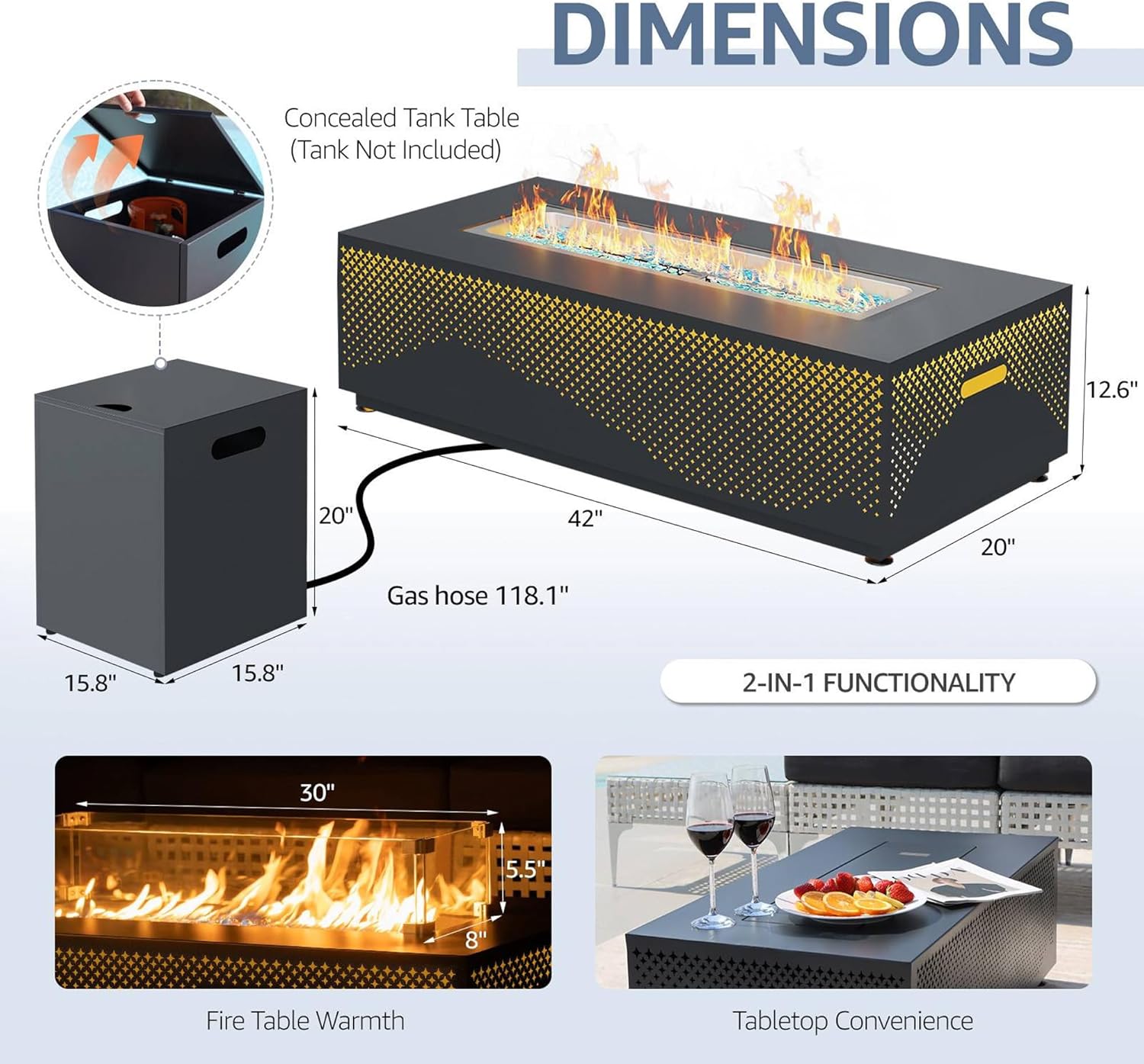 Large Rectangle Outdoor Patio Propane Gas Fire Pit Table Set with Tank Table, 50,000 BTU 42" Fireplace Table with Wind Guard, Removable Lid, Glass Beads, Rain Cover