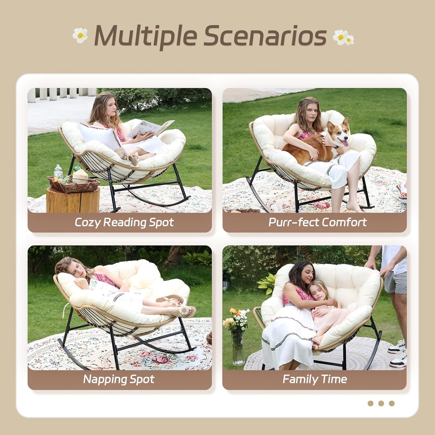 2 PCS Rocking Egg Chair Indoor Outdoor, Wicker Rattan Rocking Papasan Chairs with Thick Cushion, 450 Lbs Extra Wide Patio Rocker, Outdoor Furniture for Balcony