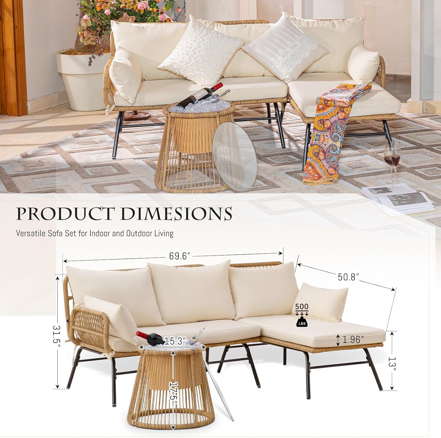 6 Pcs Boho Outdoor Patio Furniture Sets, L Shaped Natural Color Wicker Conversation Sectional Sofa w/Cozy Beige Cushion & Ice Bucket