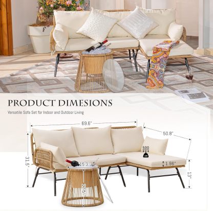 6 Pcs Boho Outdoor Patio Furniture Sets, L Shaped Natural Color Wicker Conversation Sectional Sofa w/Cozy Beige Cushion & Ice Bucket
