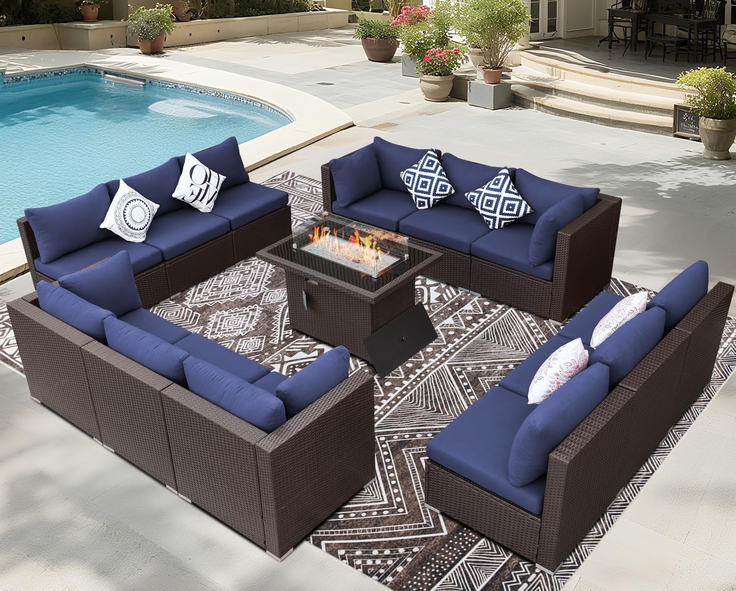 13 Piece High Back Wicker Patio Furniture Sets with Fire Pit, Elegant Oversized Outdoor Seating Set Modular, Comfy Extra Deep Wide 12-Person Sectional Couch Sofa for Backyard