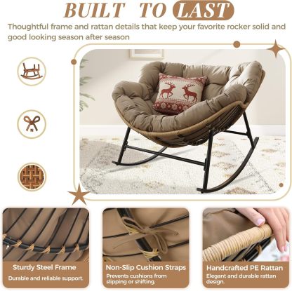Outdoor Papasan Rocking Chair with Cushion and Frame, Oversized Large Patio Lounge Chairs, Rattan Comfy Egg Recliner Chair, 450 Lbs Capacity Glider Rocker