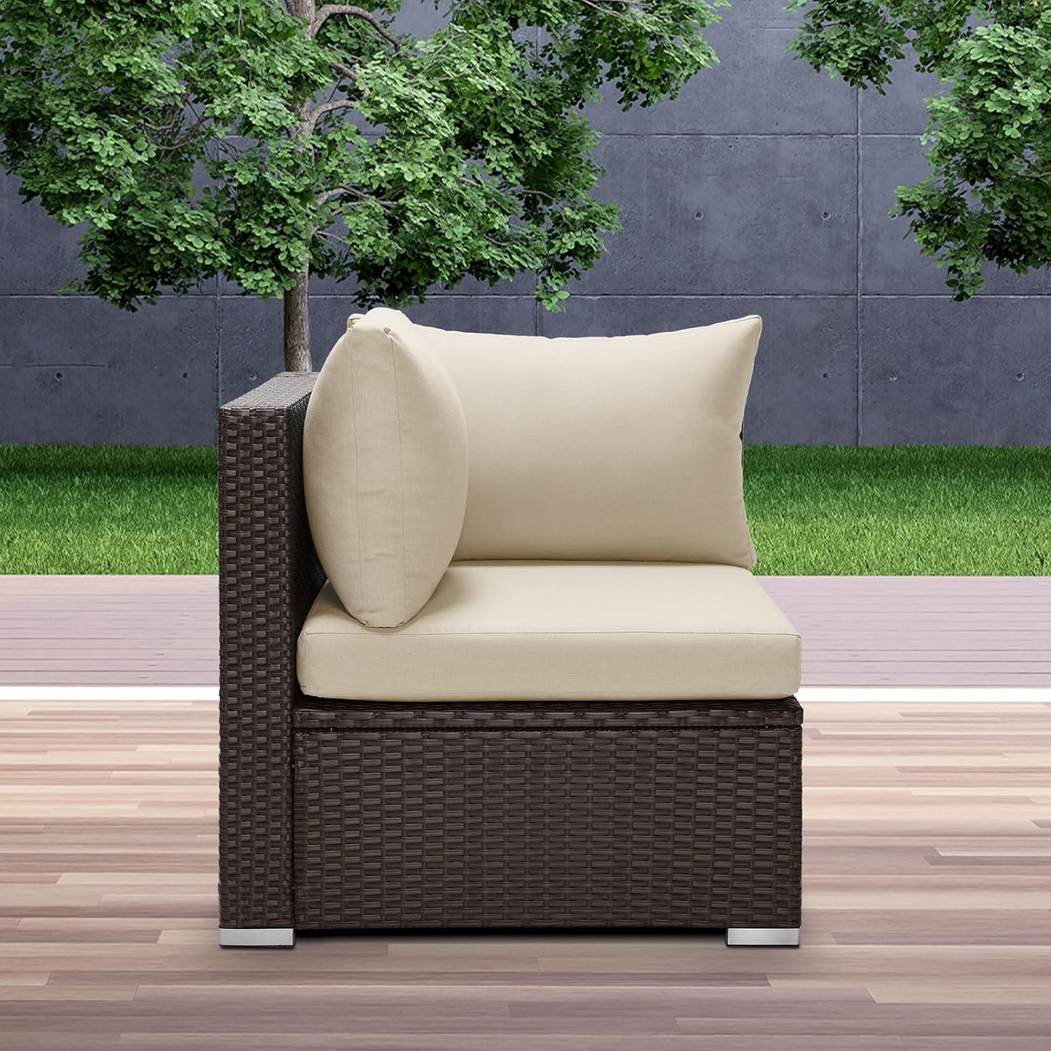 1 Piece PE Rattan Patio Furniture Corner Sofa with Thick Cushions Outdoor Wicker Seating
