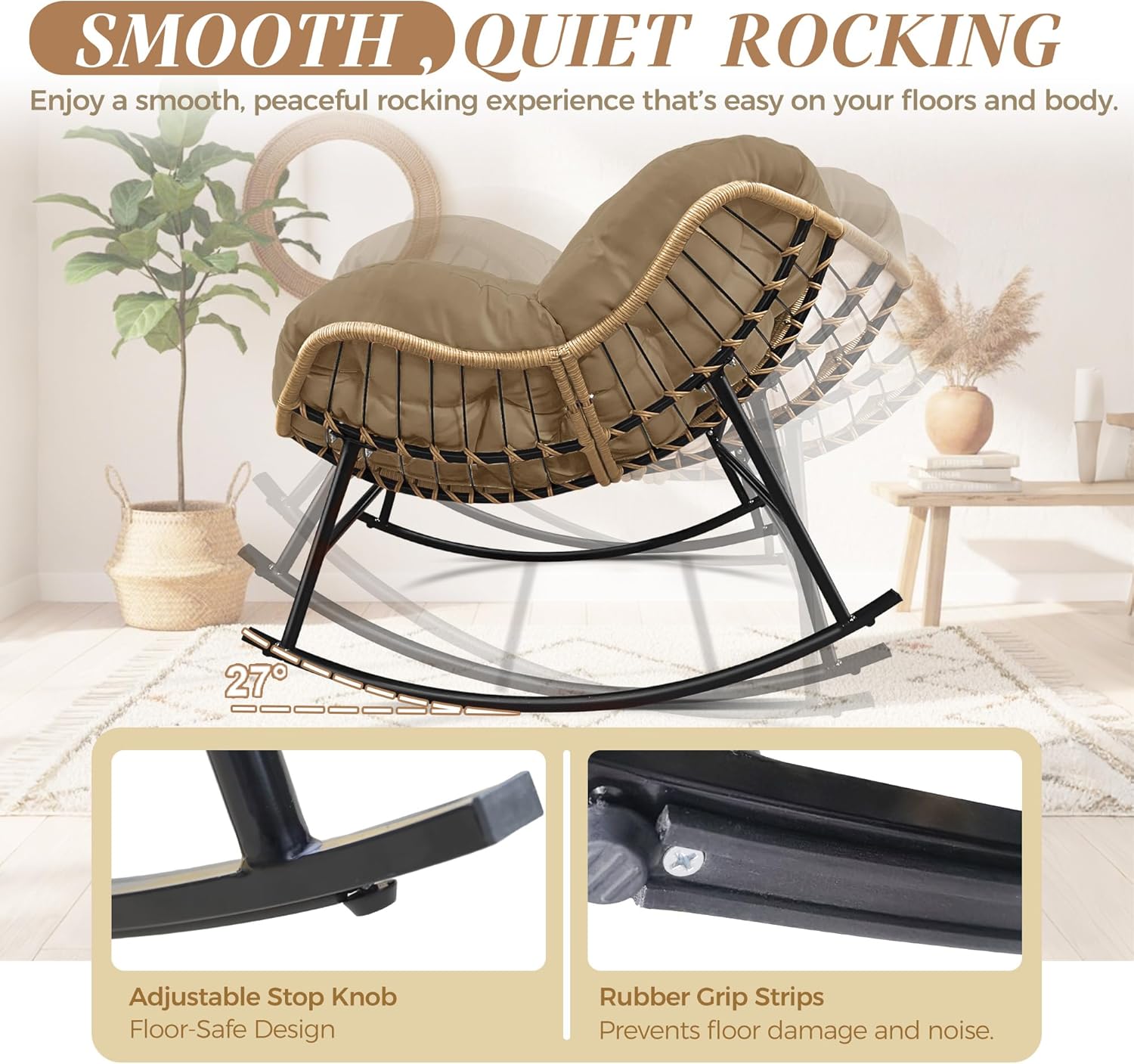 Outdoor Papasan Rocking Chair with Cushion and Frame, Oversized Large Patio Lounge Chairs, Rattan Comfy Egg Recliner Chair, 450 Lbs Capacity Glider Rocker