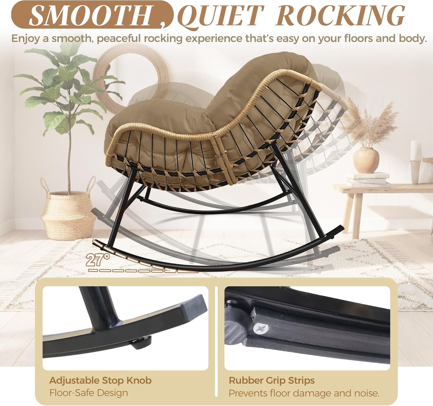 Outdoor Papasan Rocking Chair with Cushion and Frame, Oversized Large Patio Lounge Chairs, Rattan Comfy Egg Recliner Chair, 450 Lbs Capacity Glider Rocker