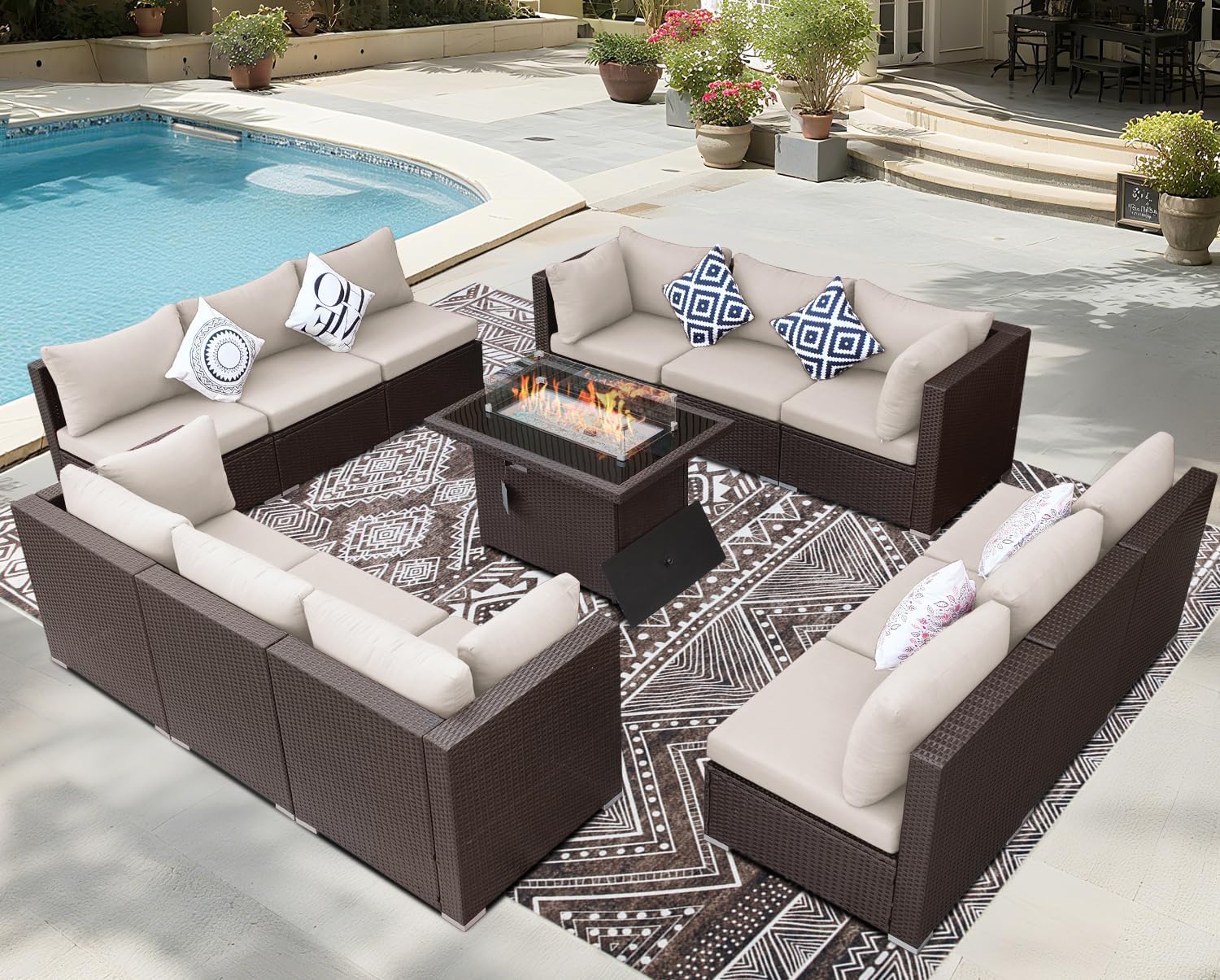 13 Piece High Back Wicker Patio Furniture Sets with Fire Pit, Elegant Oversized Outdoor Seating Set Modular, Comfy Extra Deep Wide 12-Person Sectional Couch Sofa for Backyard